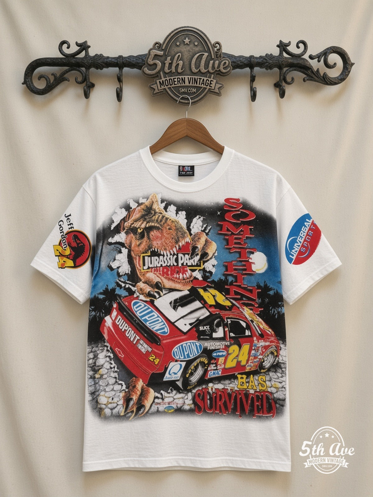 NASCAR Jeff Gordon 24 Jurassic Park The Ride all over print vintage nascar t-shirt front on cream 5th Ave rack