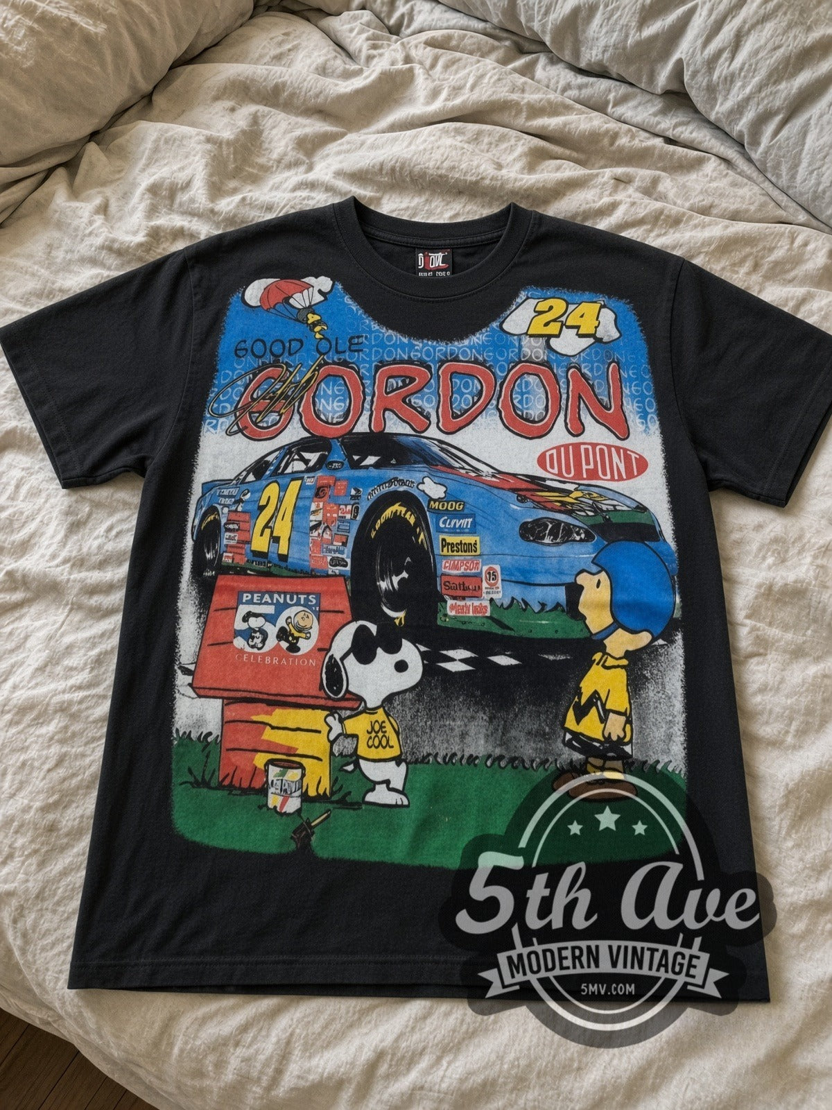 NASCAR Jeff Gordon #24 Good Ol Gordon Peanuts Snoopy all-over-print vintage NASCAR tee in black laid flat