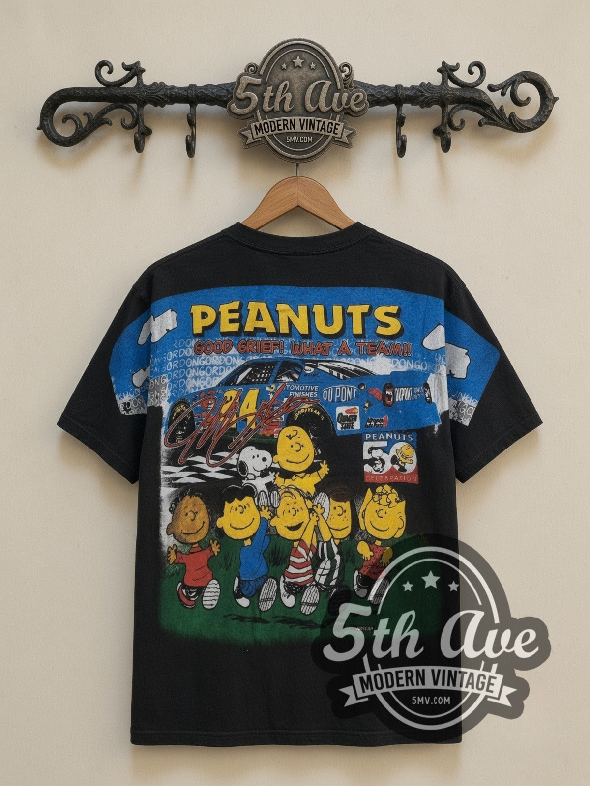 NASCAR Jeff Gordon #24 Good Ol Gordon Peanuts Snoopy all-over-print vintage NASCAR t-shirt, back view on a display rack
