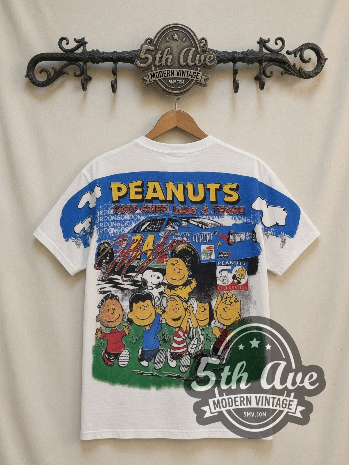 NASCAR Jeff Gordon #24 Good Ol Gordon Peanuts Snoopy all-over-print vintage NASCAR t-shirt, back view on a display rack
