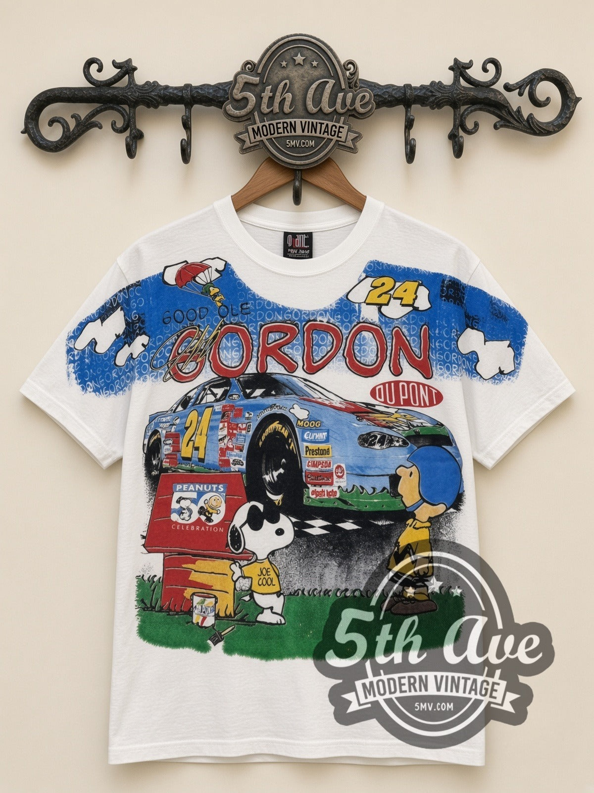 NASCAR Jeff Gordon #24 Good Ol Gordon Peanuts Snoopy all-over-print vintage NASCAR t-shirt, front view on a display rack