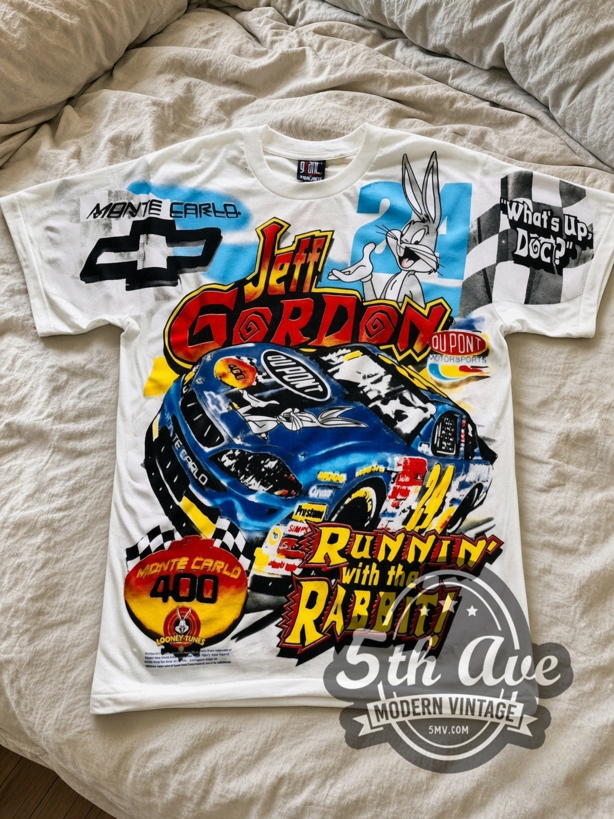 NASCAR Jeff Gordon #24 Runnin' With The Rabbit Bugs Bunny all-over-print vintage NASCAR tee in white laid flat