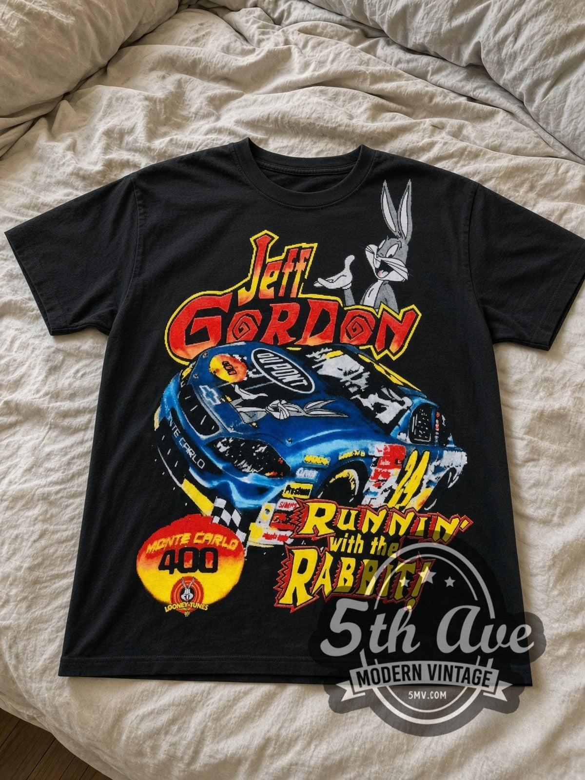 NASCAR Jeff Gordon #24 Runnin' With The Rabbit Bugs Bunny all-over-print vintage NASCAR tee in black laid flat