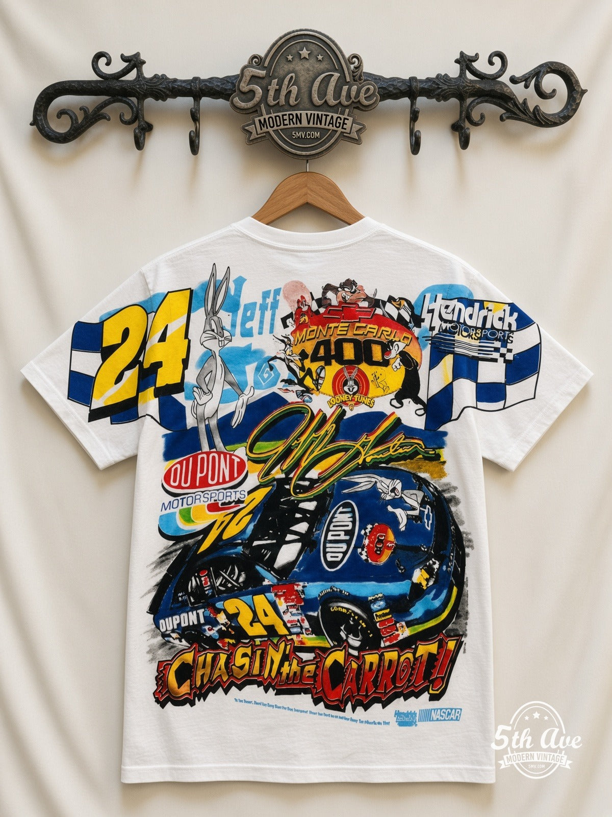 NASCAR Jeff Gordon 24 Runnin With The Rabbit Bugs all over print vintage tee back on cream 5th Ave rack