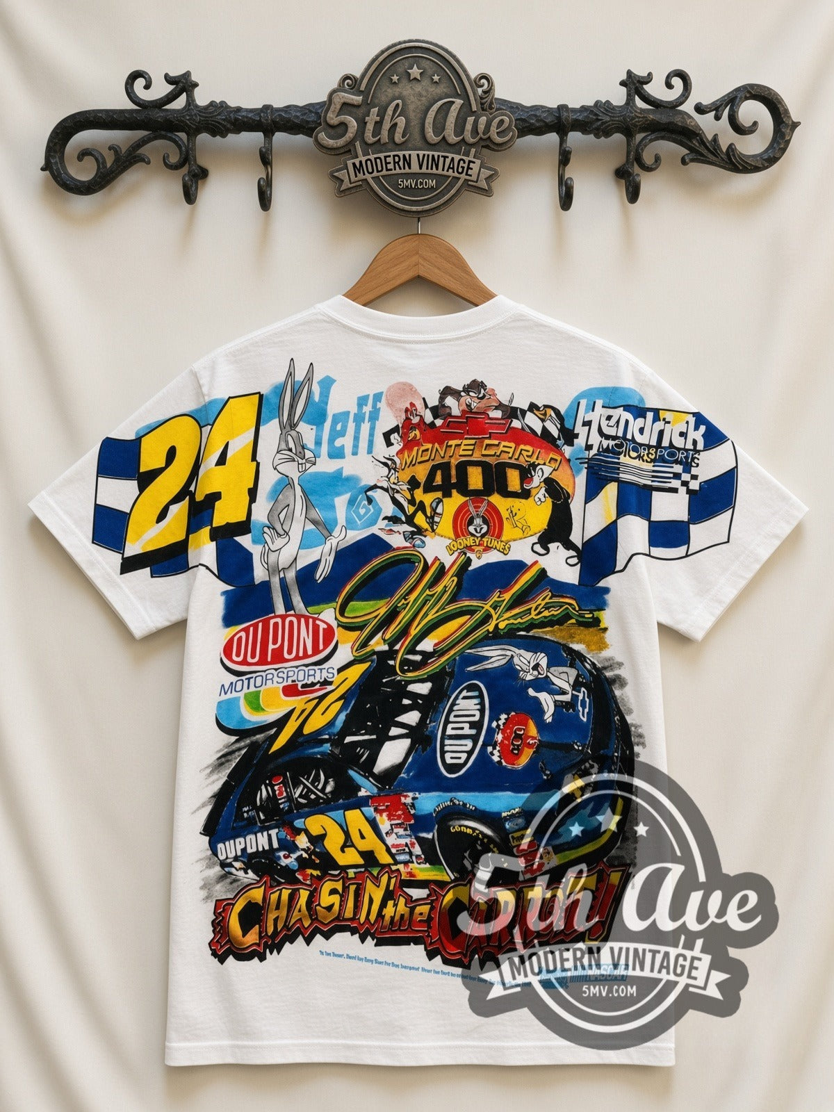 NASCAR Jeff Gordon #24 Runnin' With The Rabbit Bugs Bunny all-over-print vintage NASCAR t-shirt, back view on a display rack