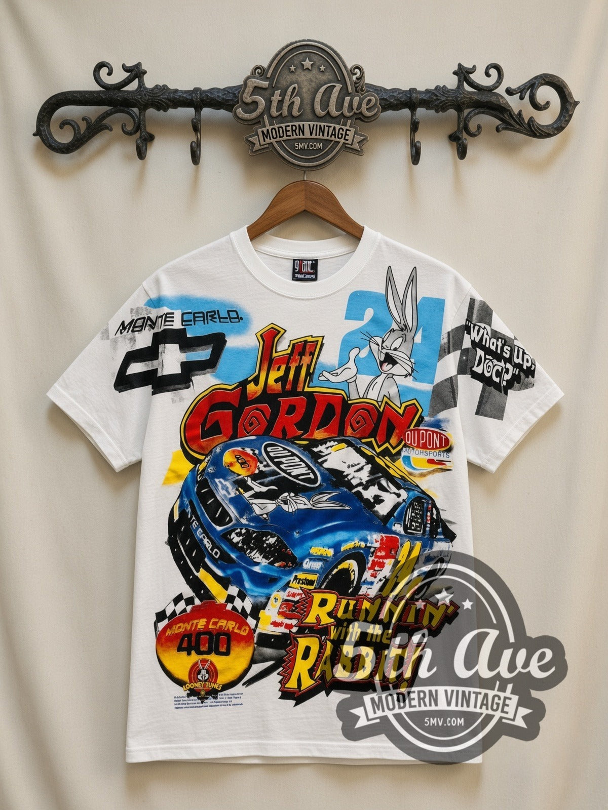 NASCAR Jeff Gordon #24 Runnin' With The Rabbit Bugs Bunny all-over-print vintage NASCAR t-shirt, front view