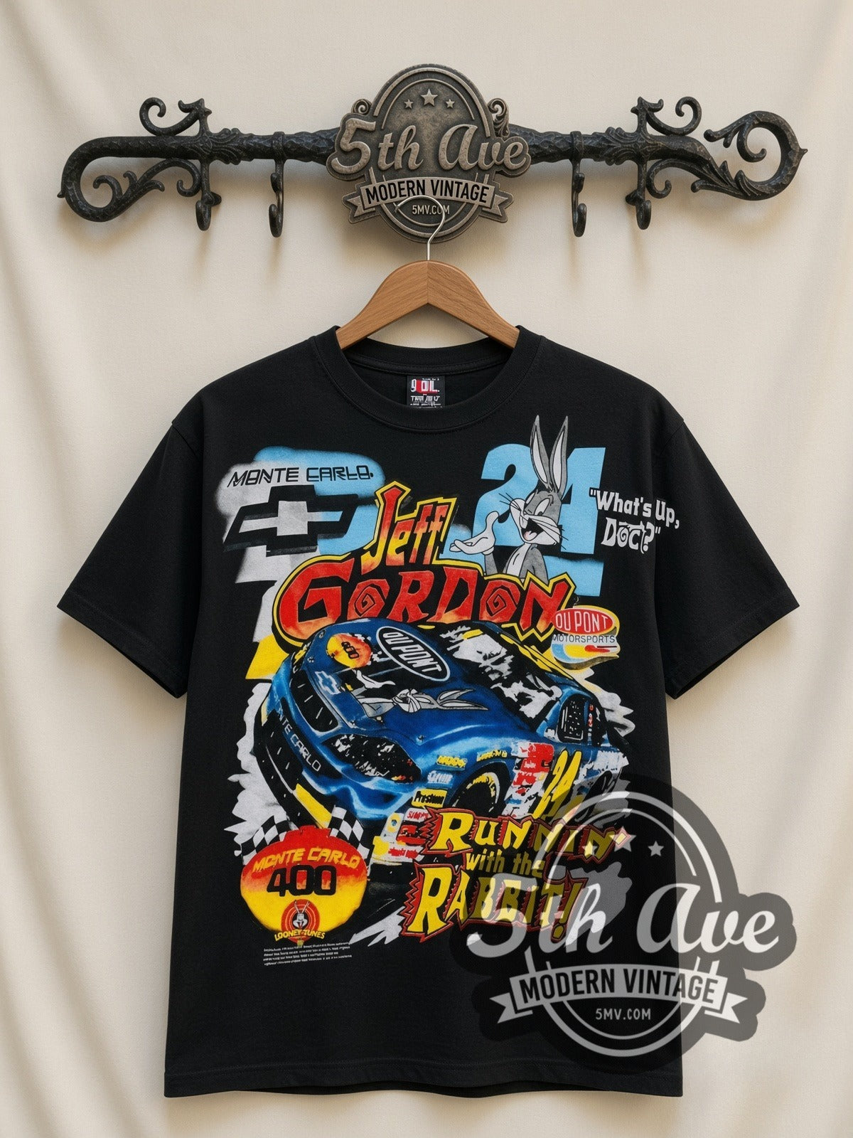 NASCAR Jeff Gordon #24 Runnin' With The Rabbit Bugs Bunny all-over-print vintage NASCAR t-shirt, front view