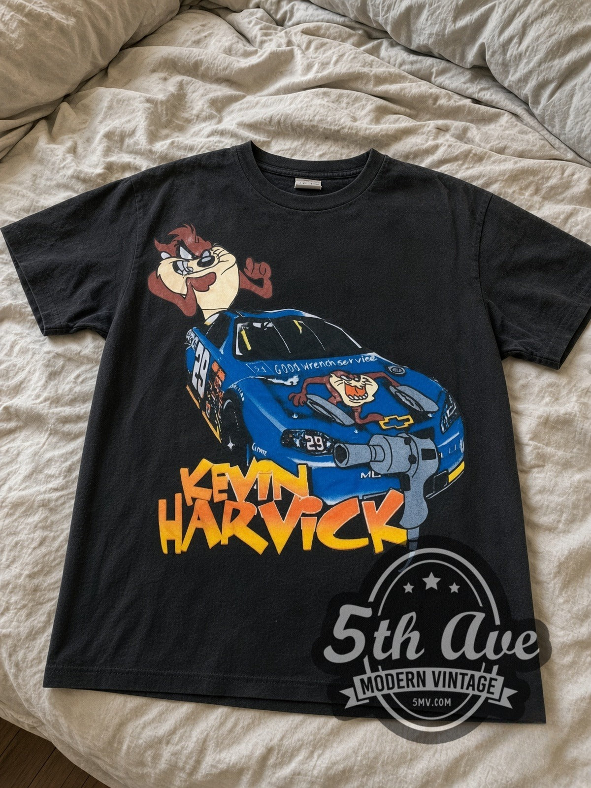 NASCAR Kevin Harvick #29 Taz Looney Tunes all-over-print vintage NASCAR tee in black laid flat