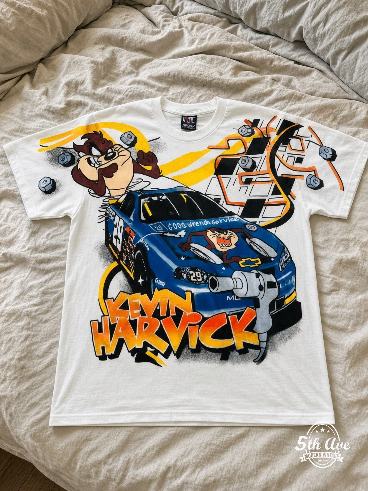 NASCAR Kevin Harvick 29 Taz Looney Tunes vintage tee laid on bed