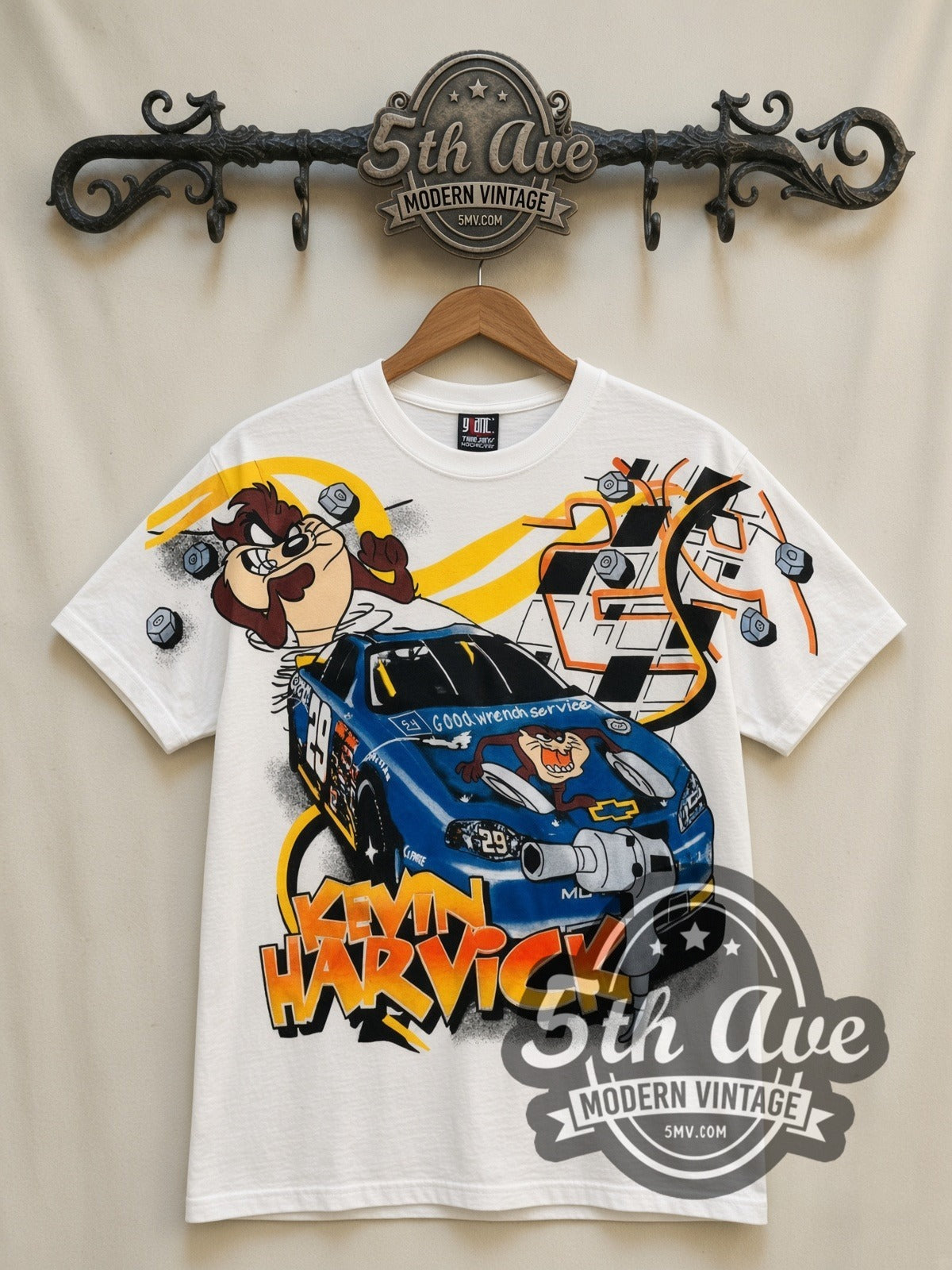 NASCAR Kevin Harvick #29 Taz Looney Tunes all-over-print vintage NASCAR t-shirt in white, front view on a display rack