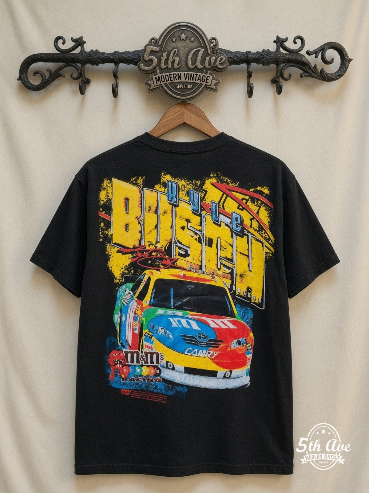 NASCAR Kyle Busch 18 M&Ms Block Name all over print vintage tee back on cream 5th Ave rack