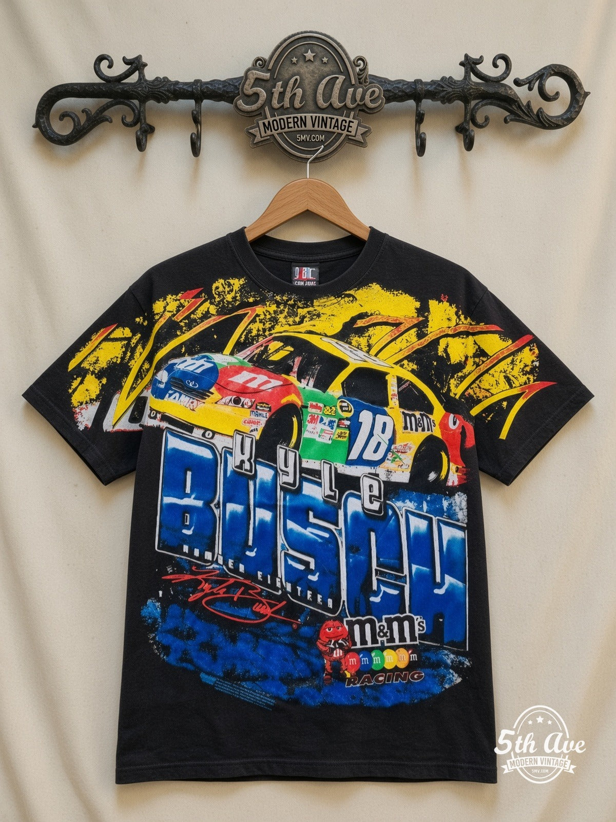 NASCAR Kyle Busch 18 M&Ms Block Name all over print vintage nascar t-shirt front on cream 5th Ave rack