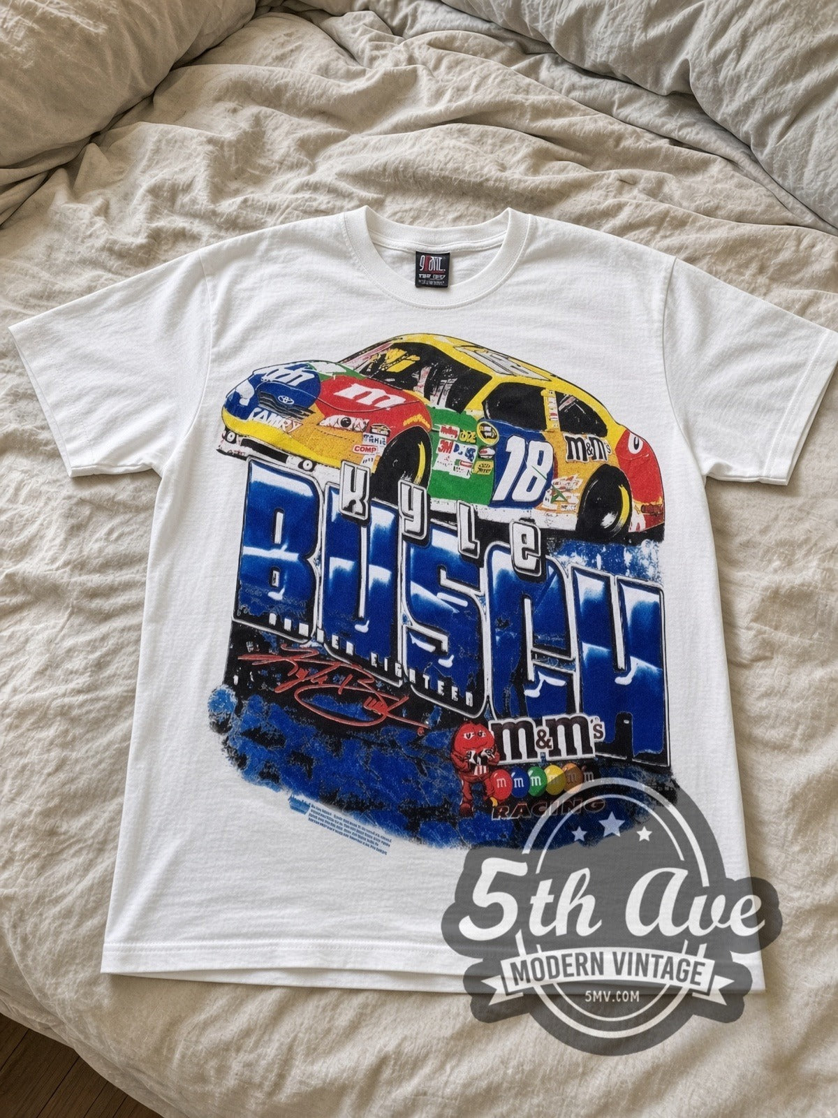 NASCAR Kyle Busch #18 M&M's Block Name all-over-print vintage NASCAR tee in white laid flat