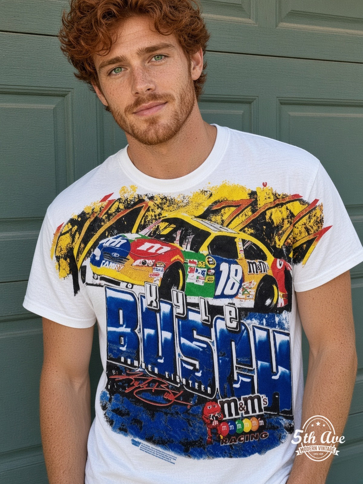 NASCAR Kyle Busch 18 M&Ms Block Name vintage tee model wearing