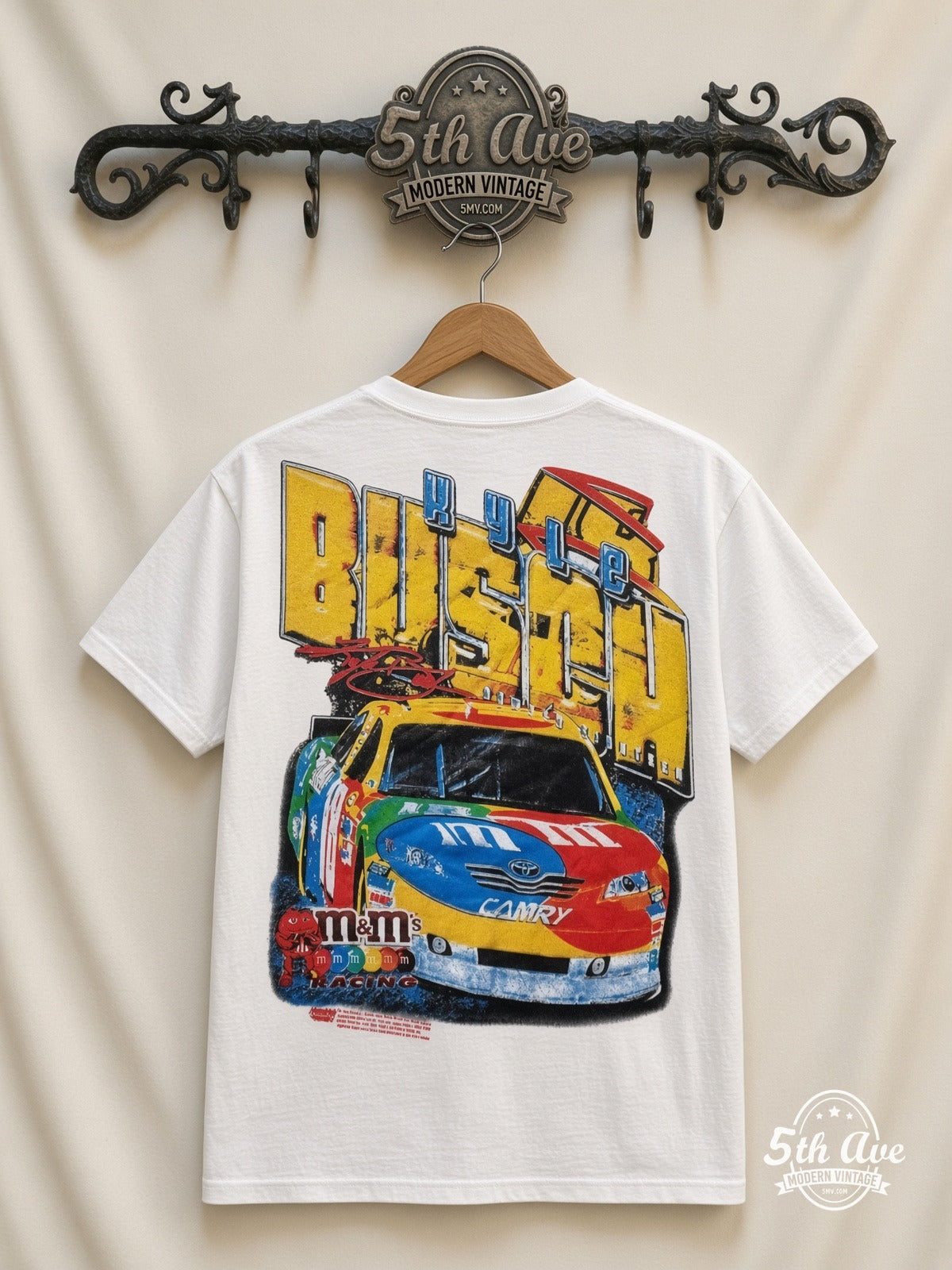 NASCAR Kyle Busch 18 M&Ms Block Name all over print vintage tee back on cream 5th Ave rack