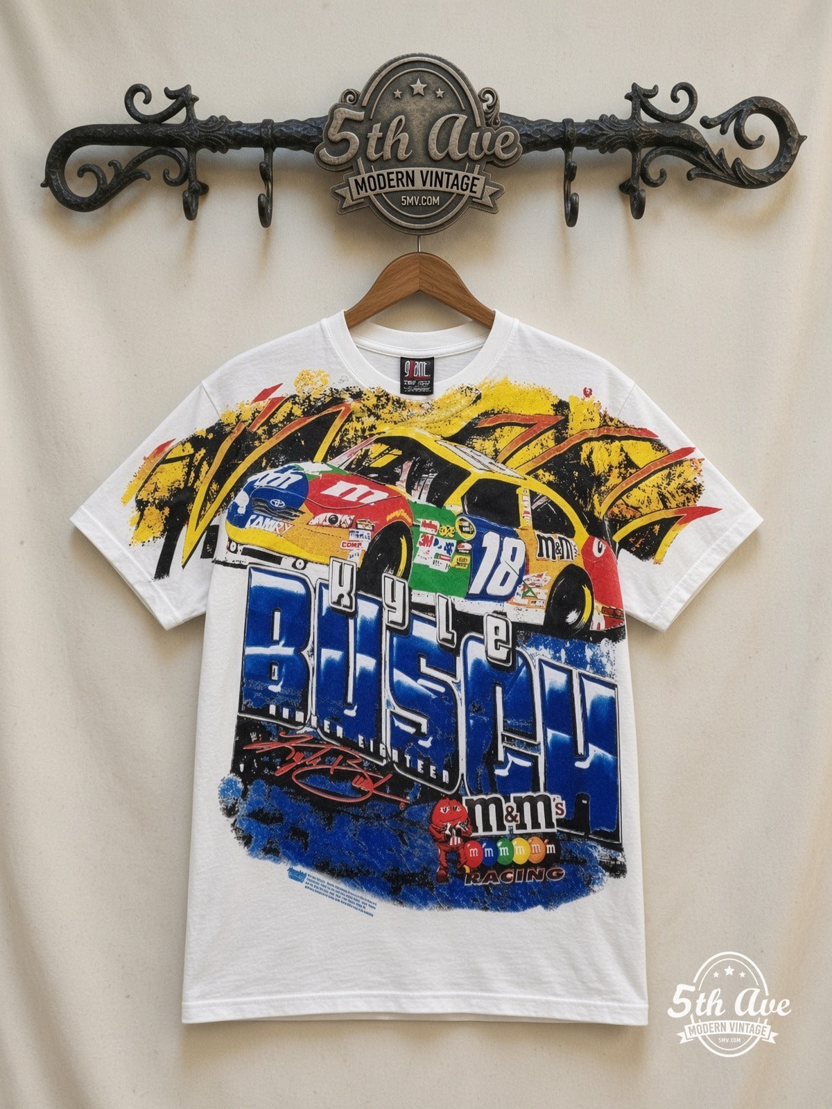 NASCAR Kyle Busch 18 M&Ms Block Name all over print vintage nascar t-shirt front on cream 5th Ave rack