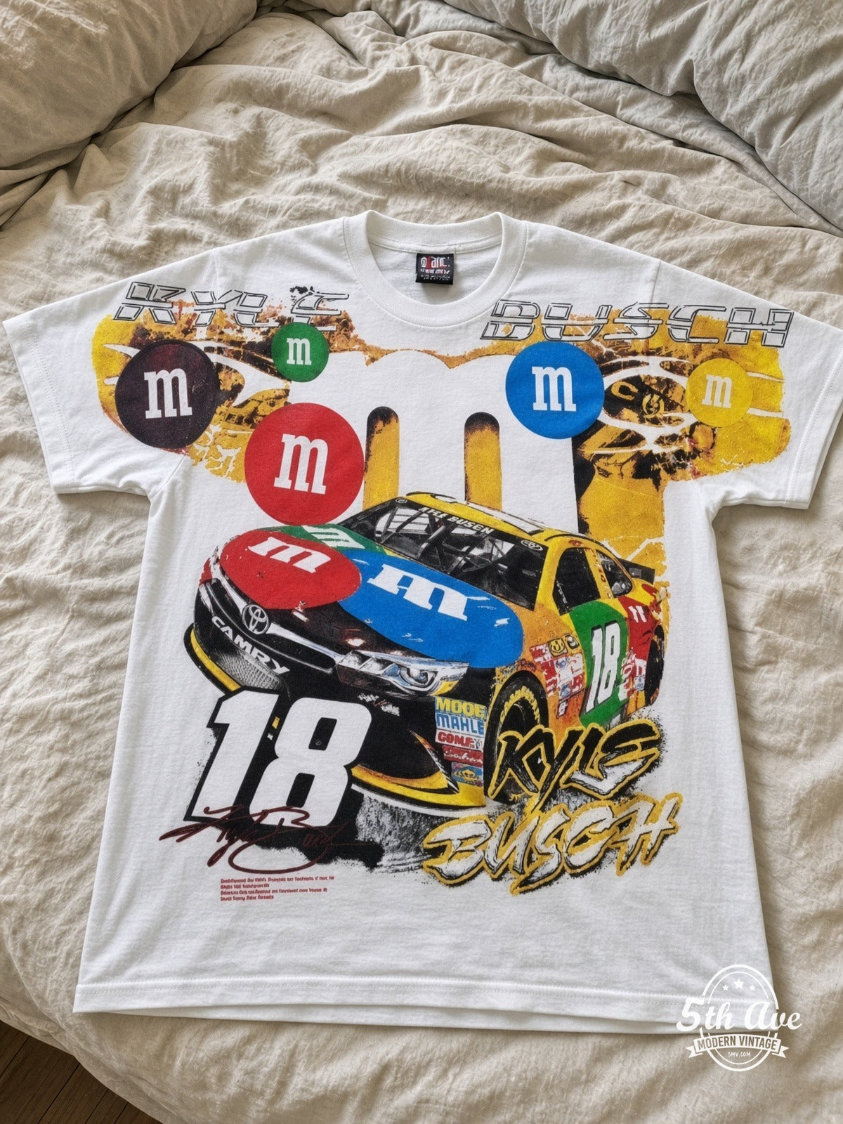 NASCAR Kyle Busch 18 M&Ms Characters vintage tee laid on bed