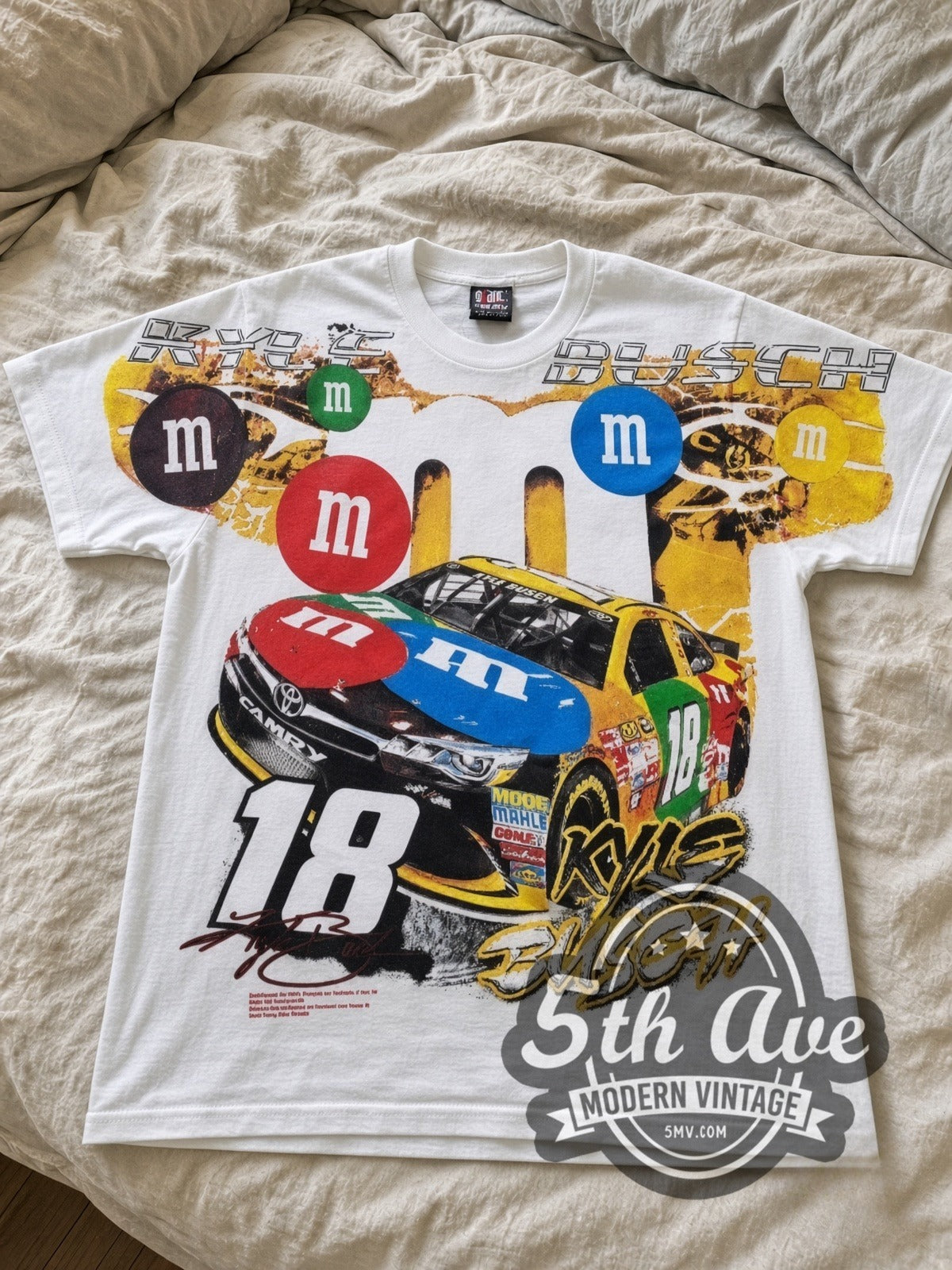 NASCAR Kyle Busch #18 M&M's Characters all-over-print vintage NASCAR tee in white laid flat