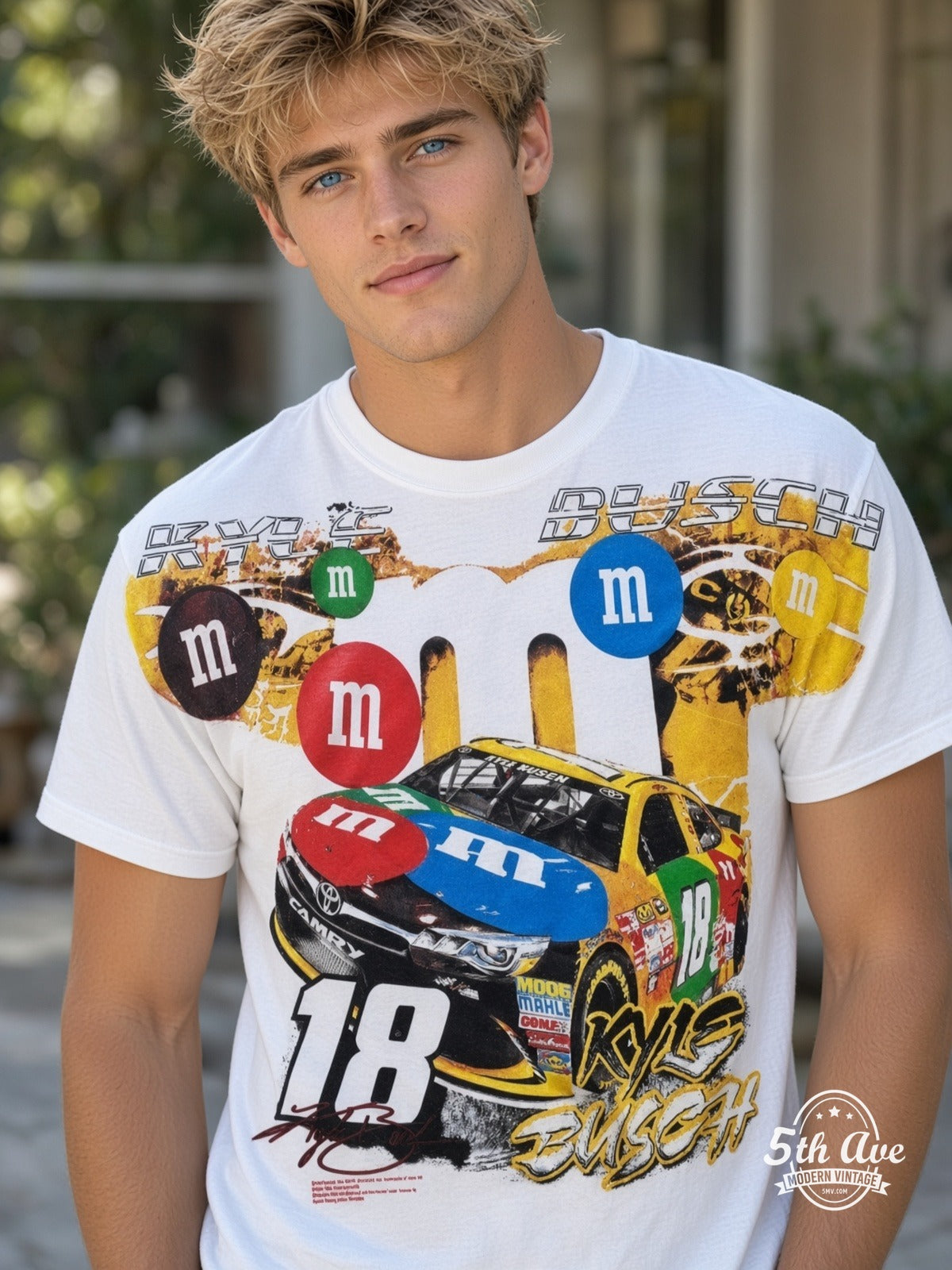 NASCAR Kyle Busch 18 M&Ms Characters vintage tee model wearing