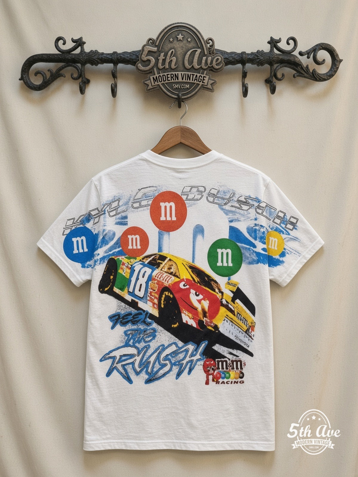 NASCAR Kyle Busch 18 M&Ms Characters all over print vintage tee back on cream 5th Ave rack
