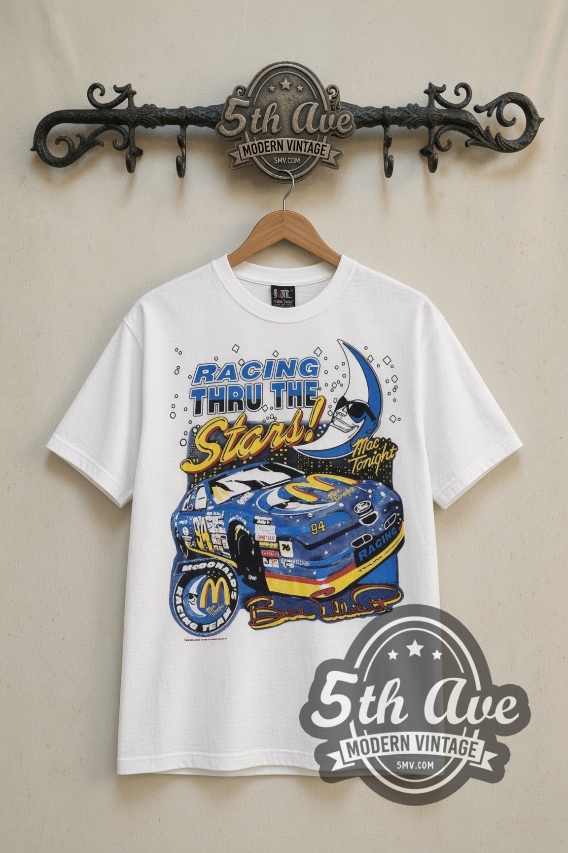 NASCAR McDonald's Racing Mac Tonight nascar tee in white, front view on a display rack