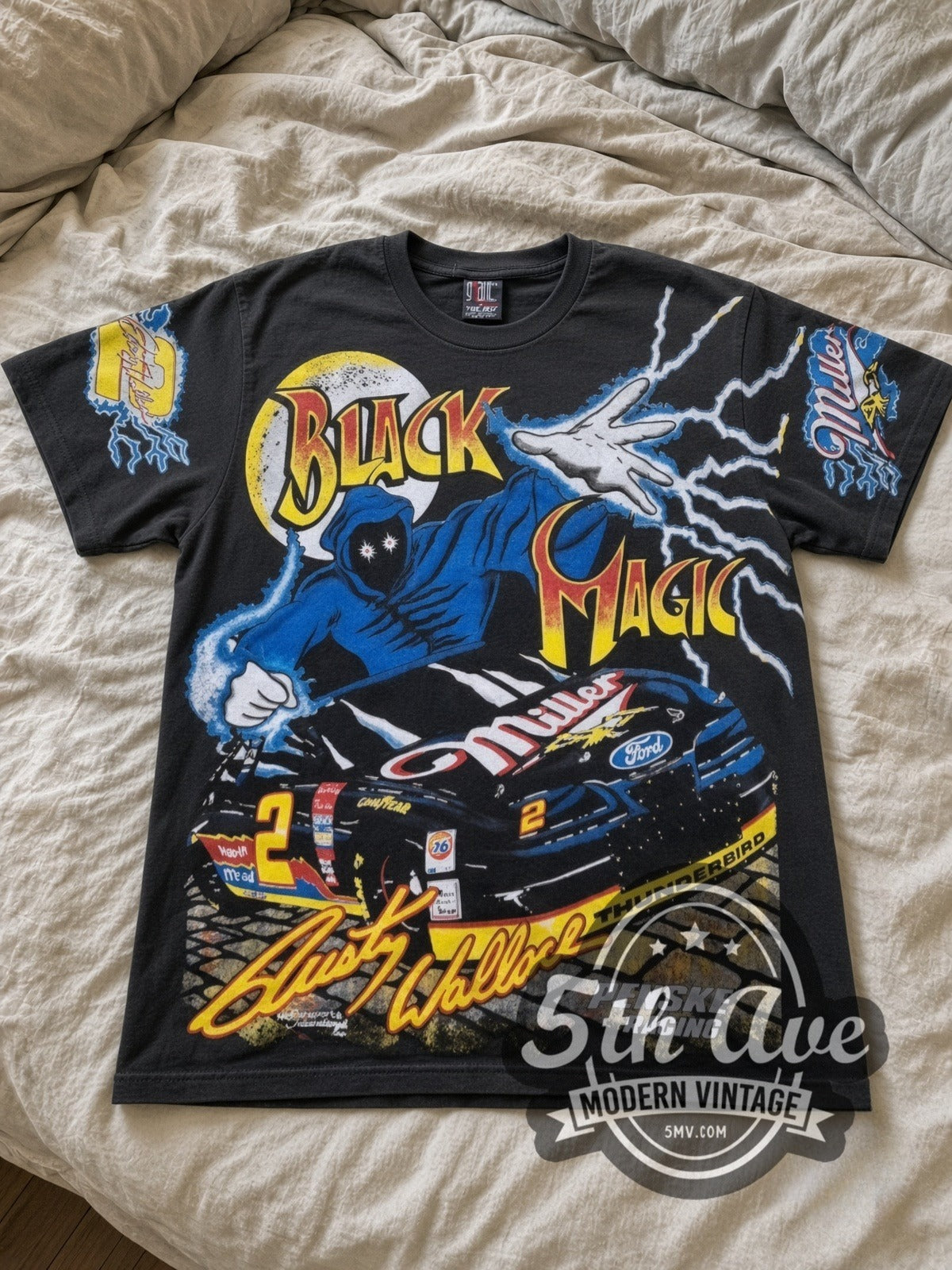 NASCAR Rusty Wallace #2 Black Magic Miller all-over-print vintage NASCAR tee in black laid flat