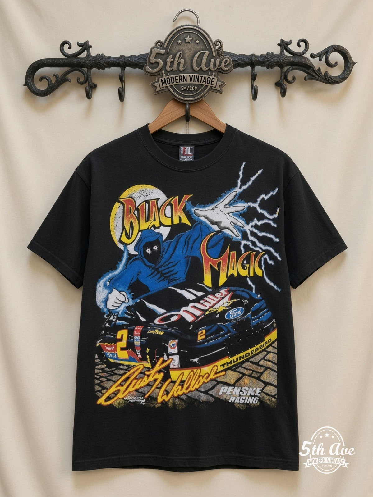 NASCAR Rusty Wallace 2 Black Magic Miller all over print vintage nascar t-shirt front on cream 5th Ave rack