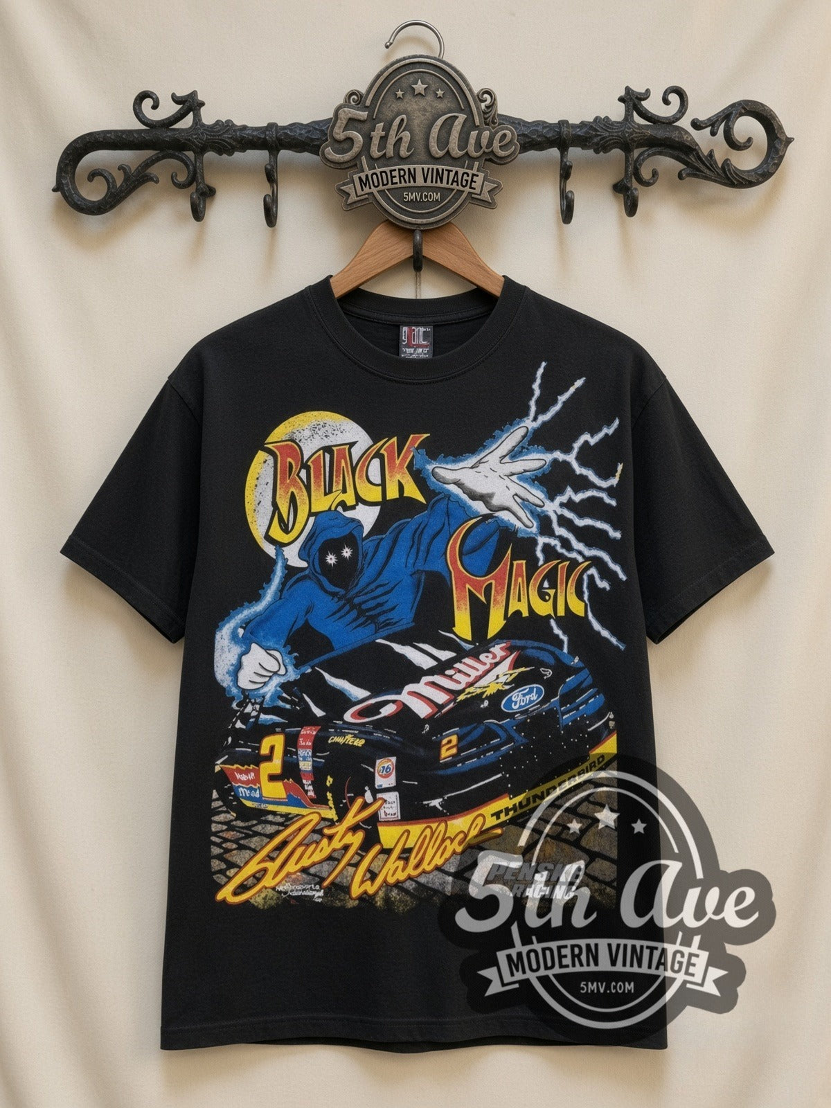 NASCAR Rusty Wallace #2 Black Magic Miller all-over-print vintage NASCAR t-shirt in black, front view on a display rack