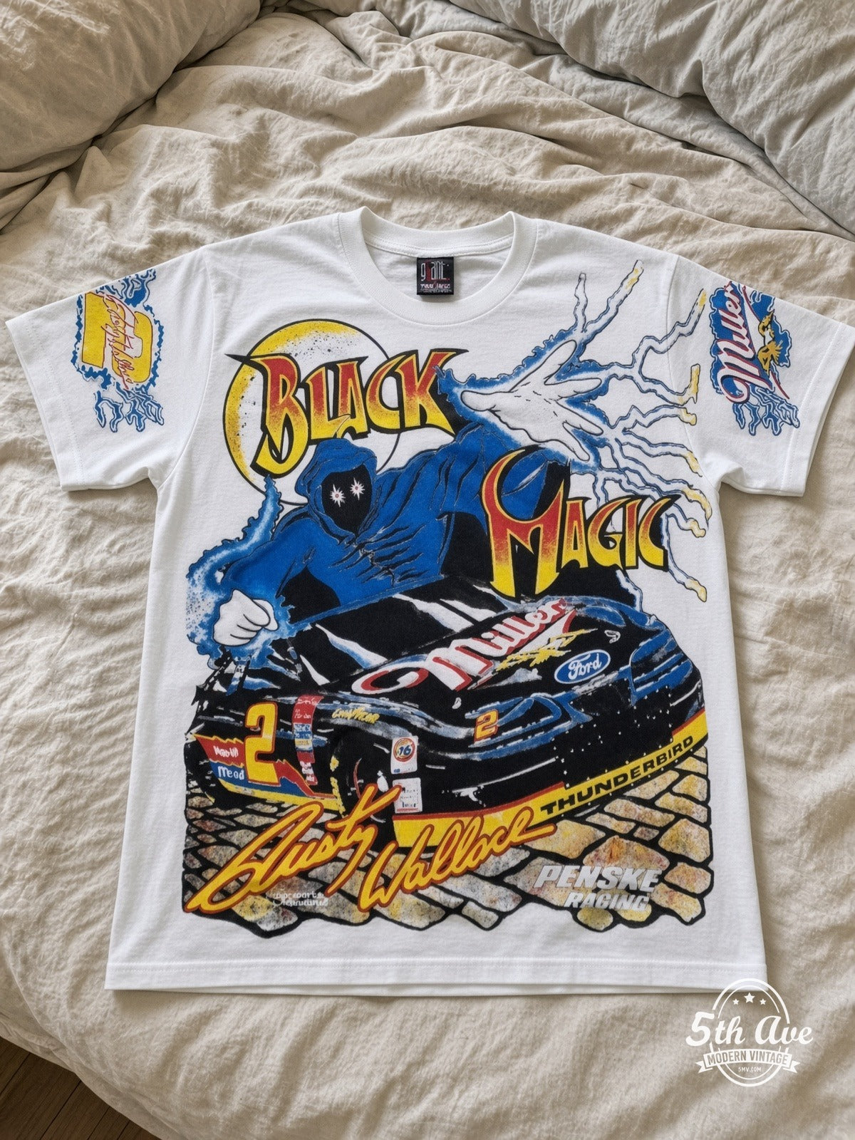 NASCAR Rusty Wallace 2 Black Magic Miller vintage tee laid on bed