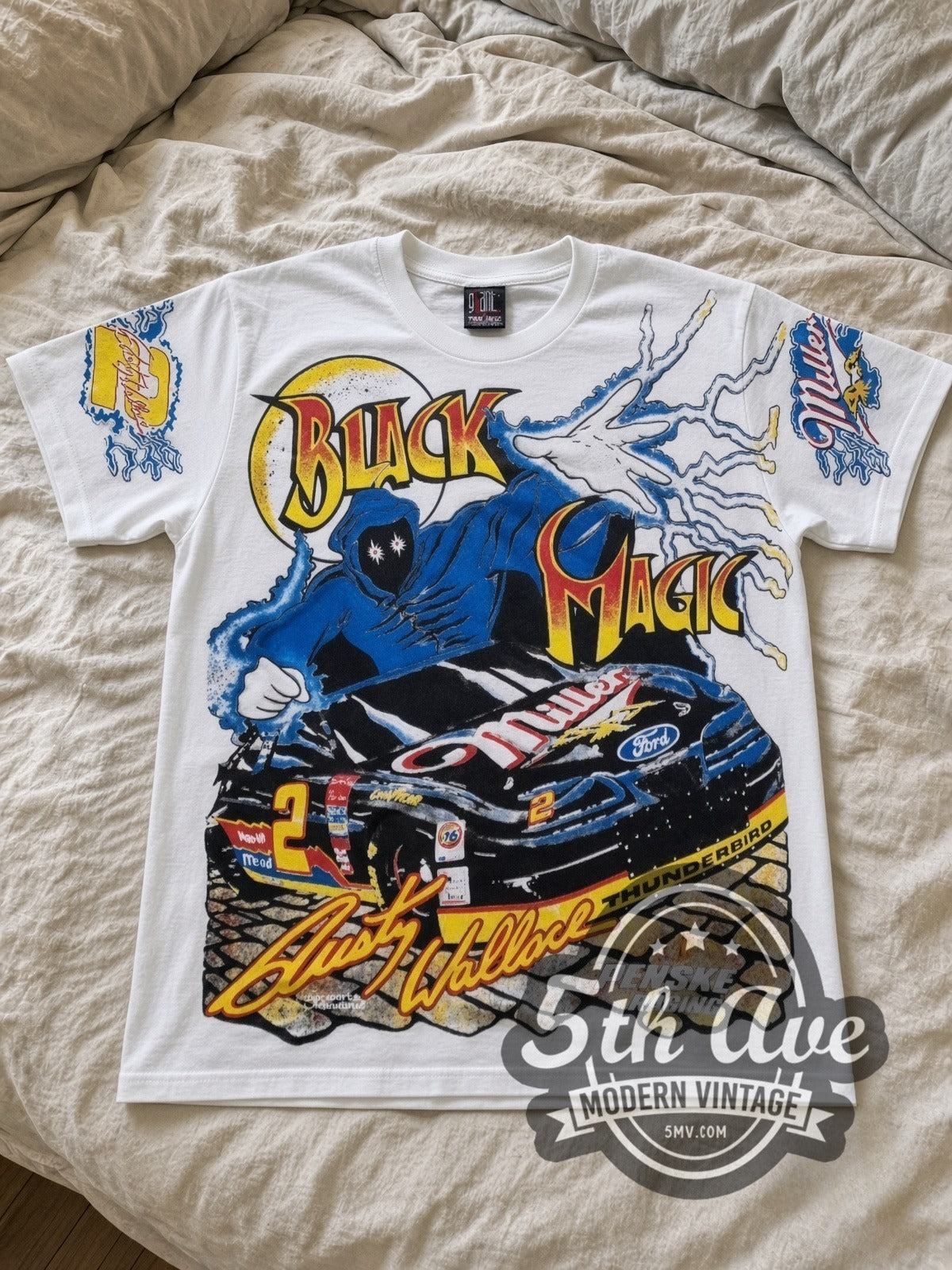 NASCAR Rusty Wallace #2 Black Magic Miller all-over-print vintage NASCAR tee in white laid flat