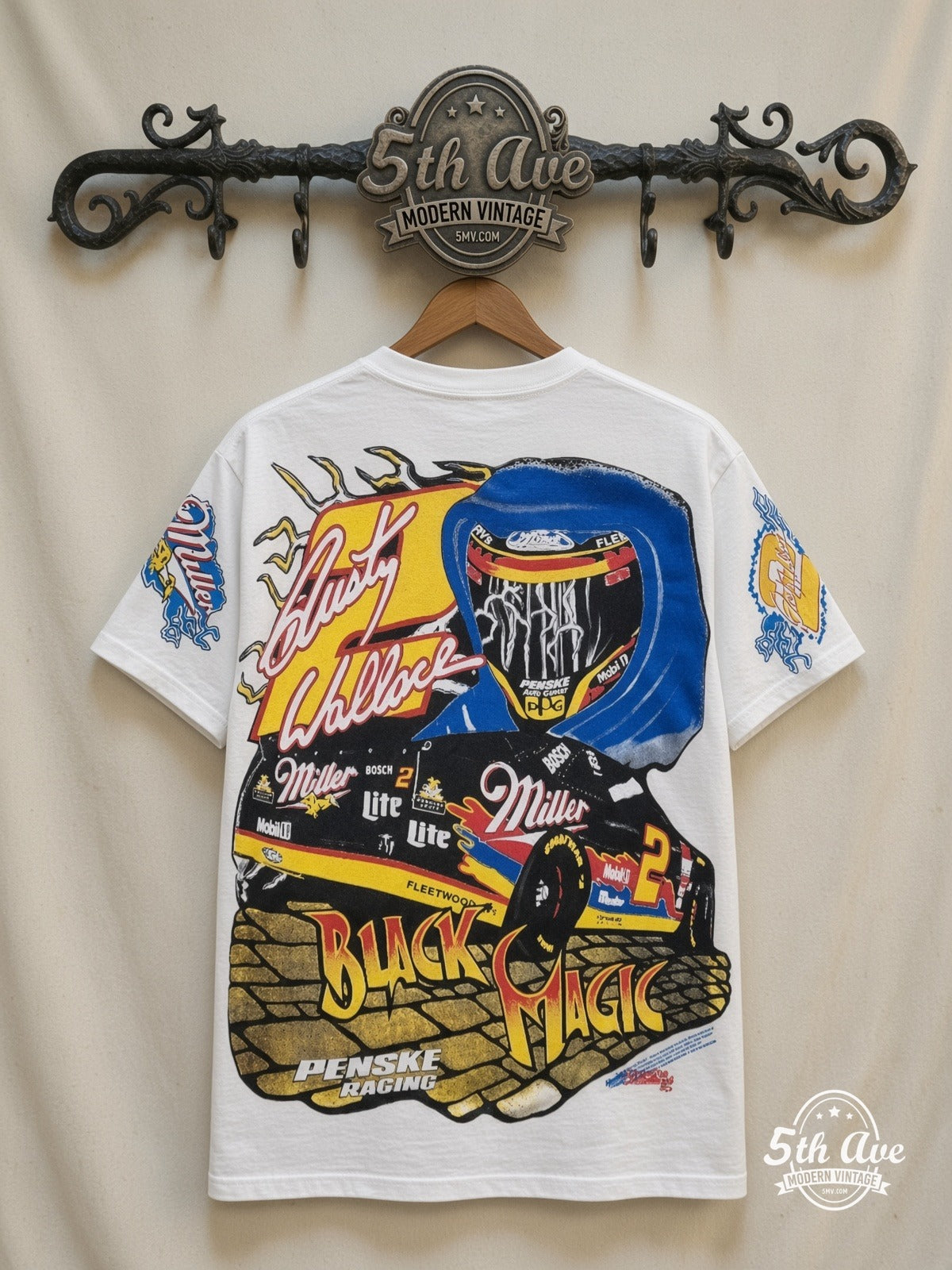 NASCAR Rusty Wallace 2 Black Magic Miller all over print vintage tee back on cream 5th Ave rack