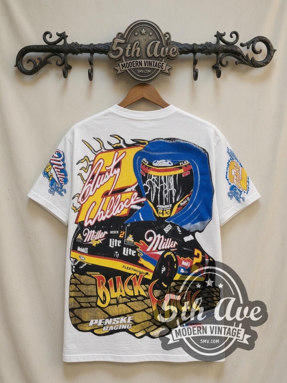 NASCAR Rusty Wallace #2 Black Magic Miller all-over-print vintage NASCAR t-shirt in white, back view on a display rack
