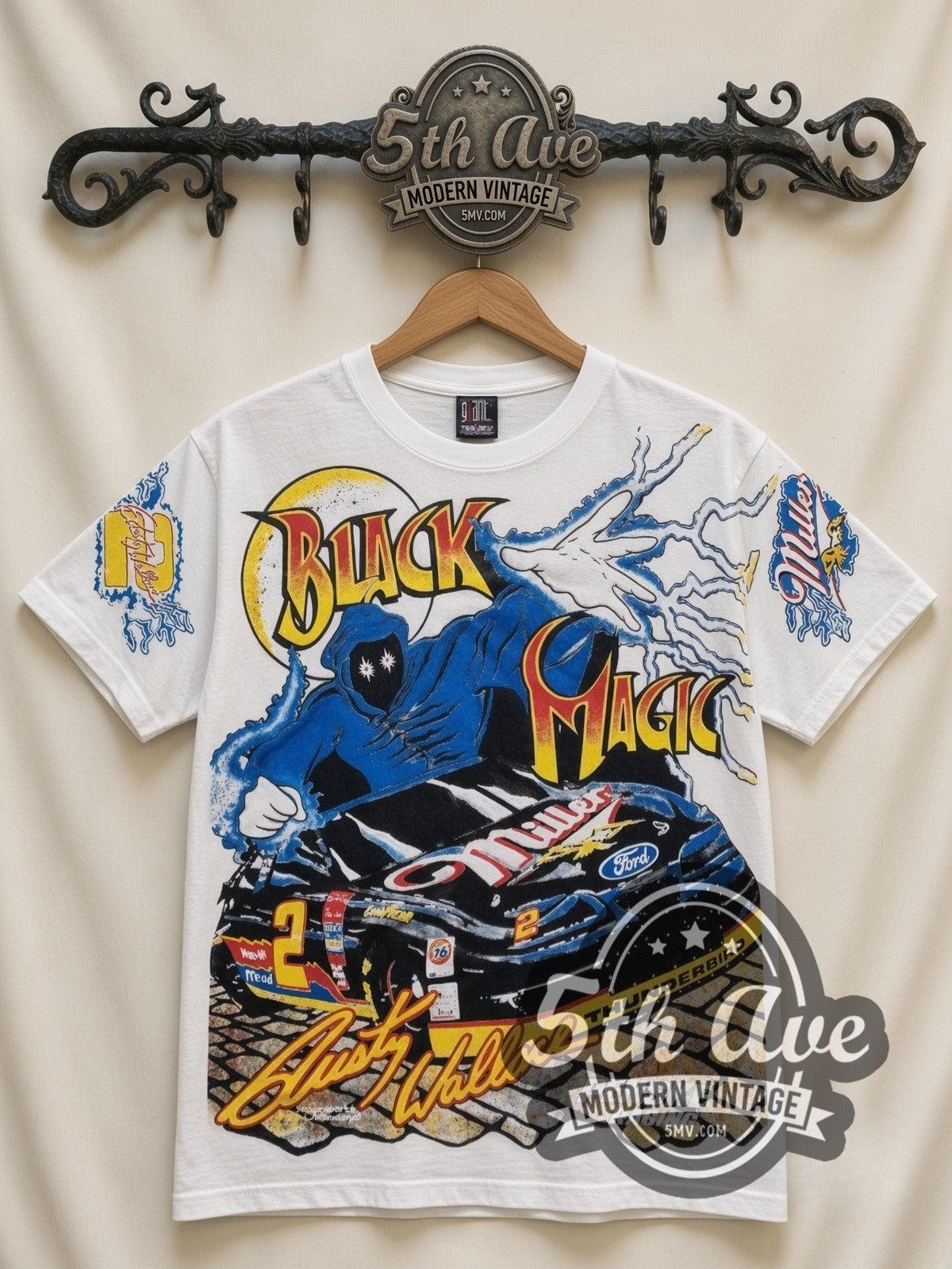 NASCAR Rusty Wallace #2 Black Magic Miller all-over-print vintage NASCAR t-shirt in white, front view on a display rack
