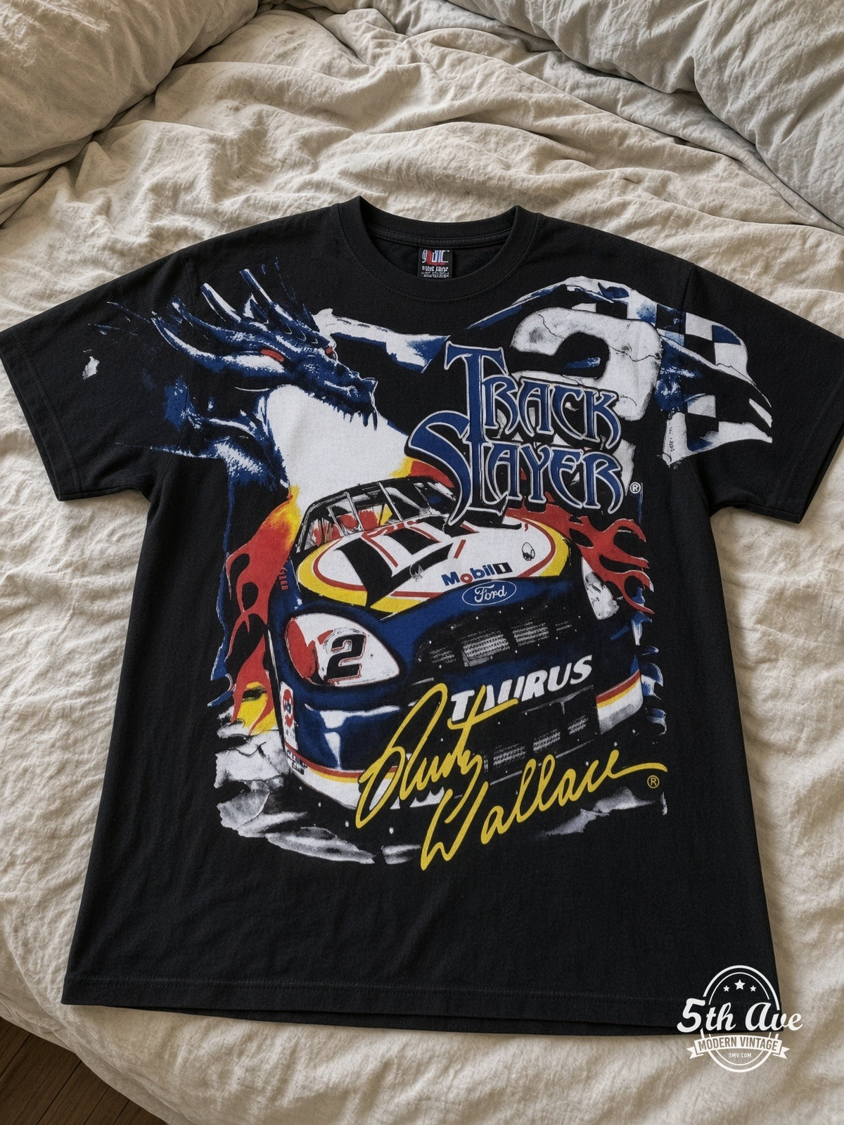 NASCAR Rusty Wallace 2 Track Slayer Dragon vintage tee laid on bed