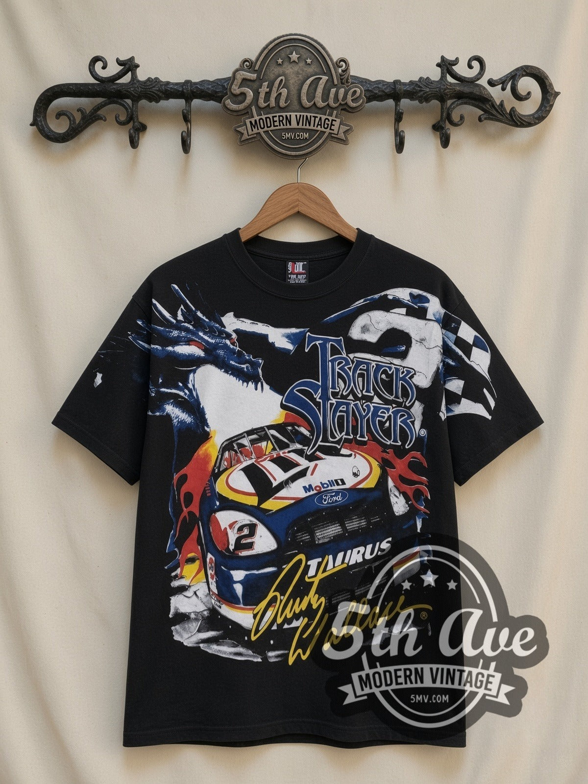 NASCAR Rusty Wallace #2 Track Slayer Dragon all-over-print vintage NASCAR t-shirt in black, front view on a display rack