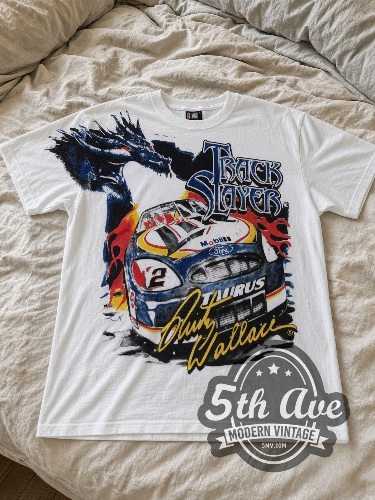 NASCAR Rusty Wallace #2 Track Slayer Dragon all-over-print vintage NASCAR tee in white laid flat