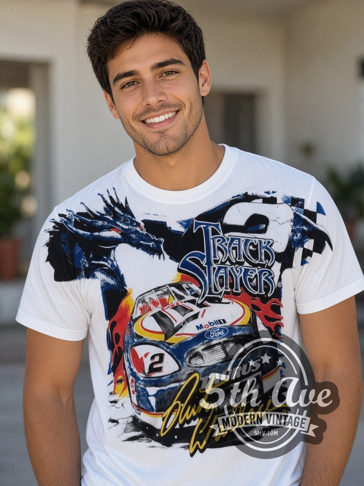 Model wearing the NASCAR Rusty Wallace #2 Track Slayer Dragon all-over-print vintage NASCAR t-shirt in white, photo 5