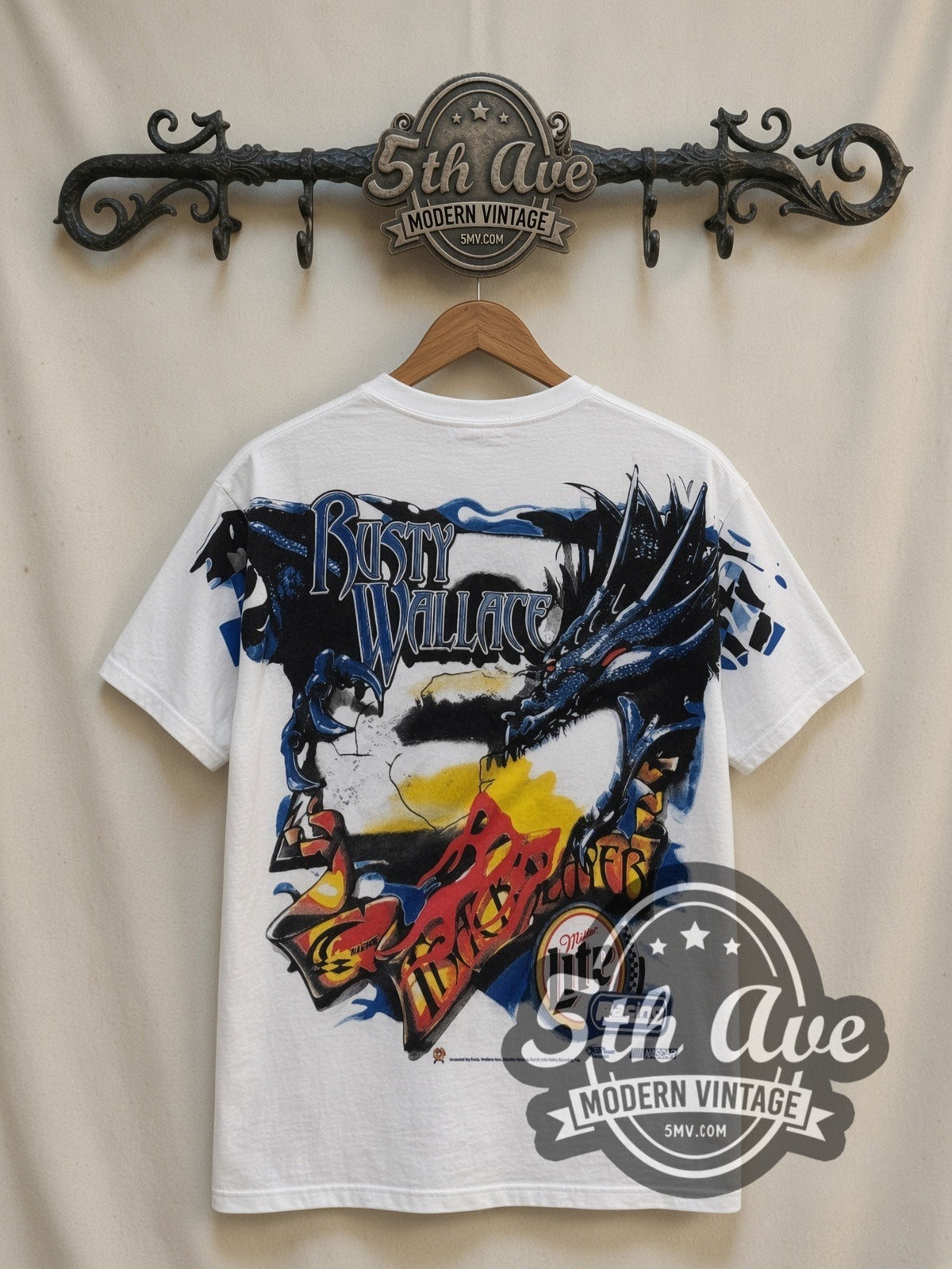 NASCAR Rusty Wallace #2 Track Slayer Dragon all-over-print vintage NASCAR t-shirt in white, back view on a display rack