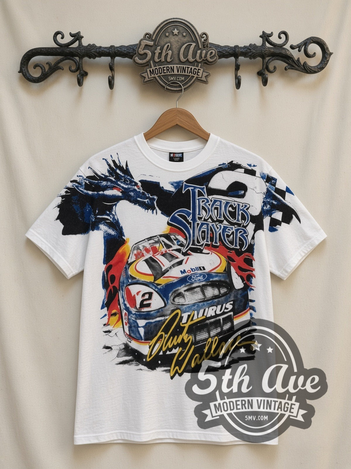 NASCAR Rusty Wallace #2 Track Slayer Dragon all-over-print vintage NASCAR t-shirt in white, front view on a display rack
