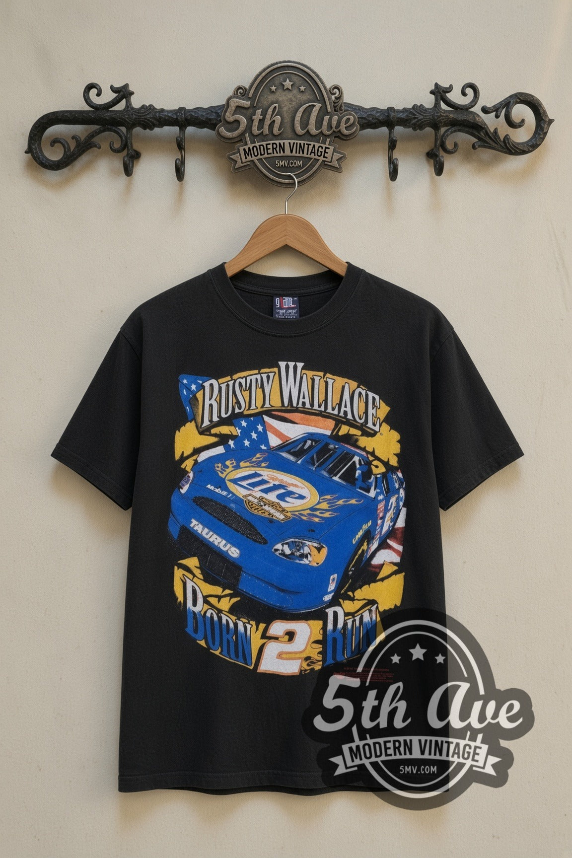 NASCAR Rusty Wallace Miller Lite Born 2 Run nascar tee in black, front view on a display rack