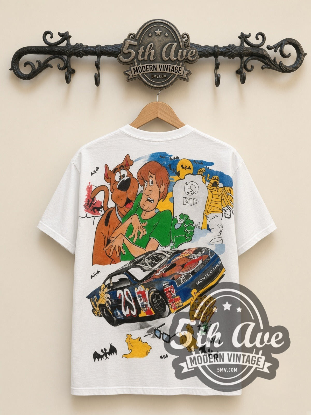 NASCAR Scooby-Doo Cartoon Network Racing all-over-print vintage NASCAR t-shirt in white, back view on a display rack