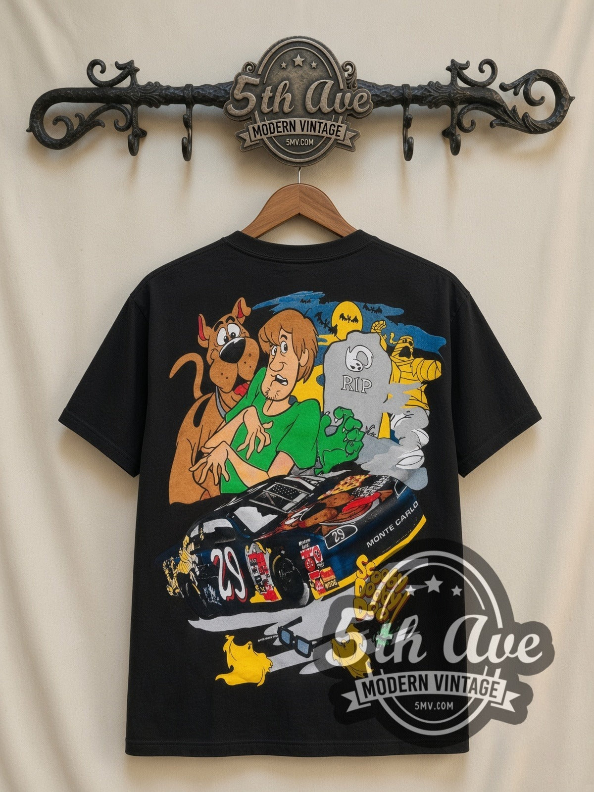 NASCAR Scooby-Doo Cartoon Network Racing all-over-print vintage NASCAR t-shirt in black, back view on a display rack