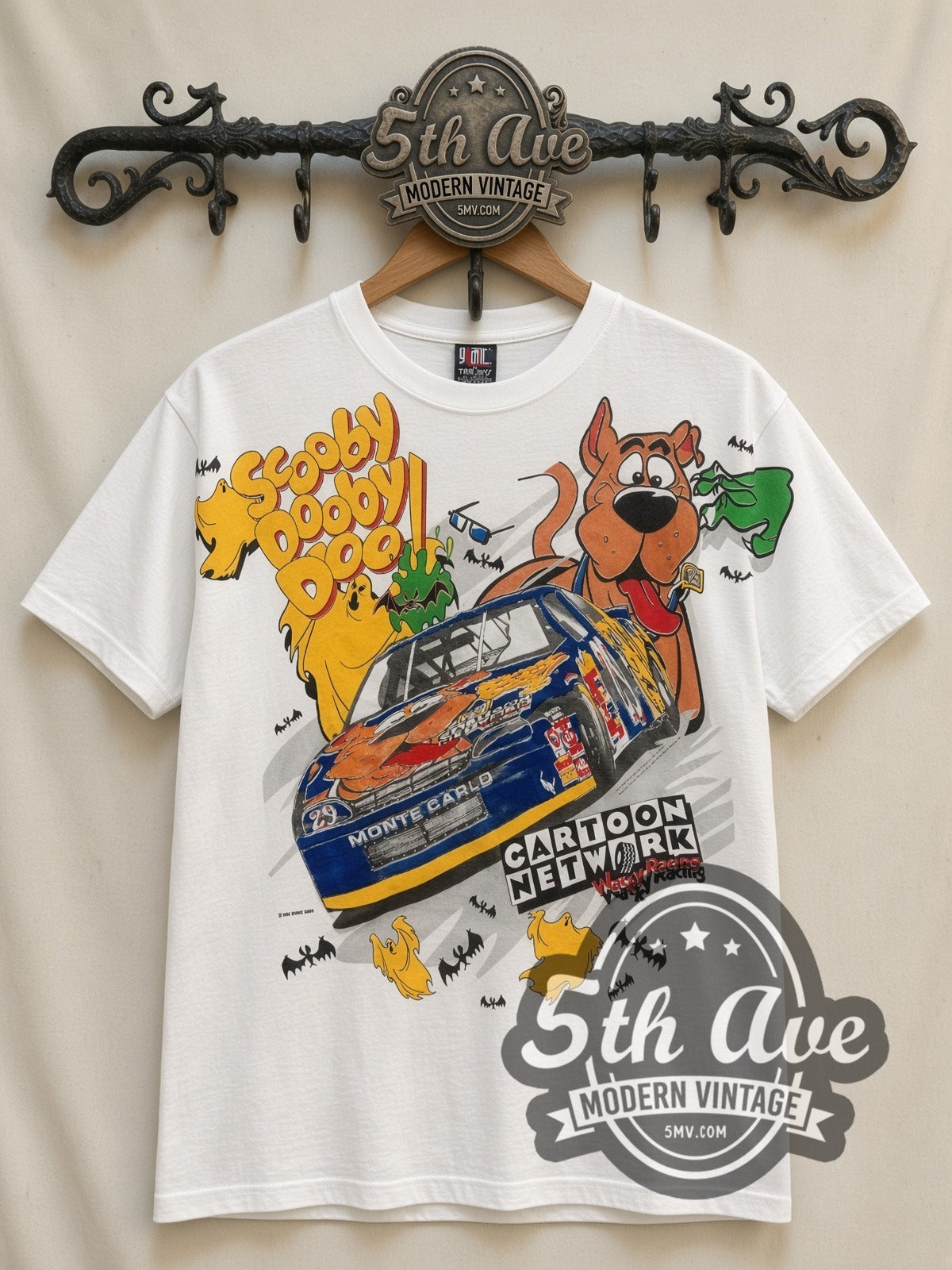 NASCAR Scooby-Doo Cartoon Network Racing all-over-print vintage NASCAR t-shirt in white, front view on a display rack