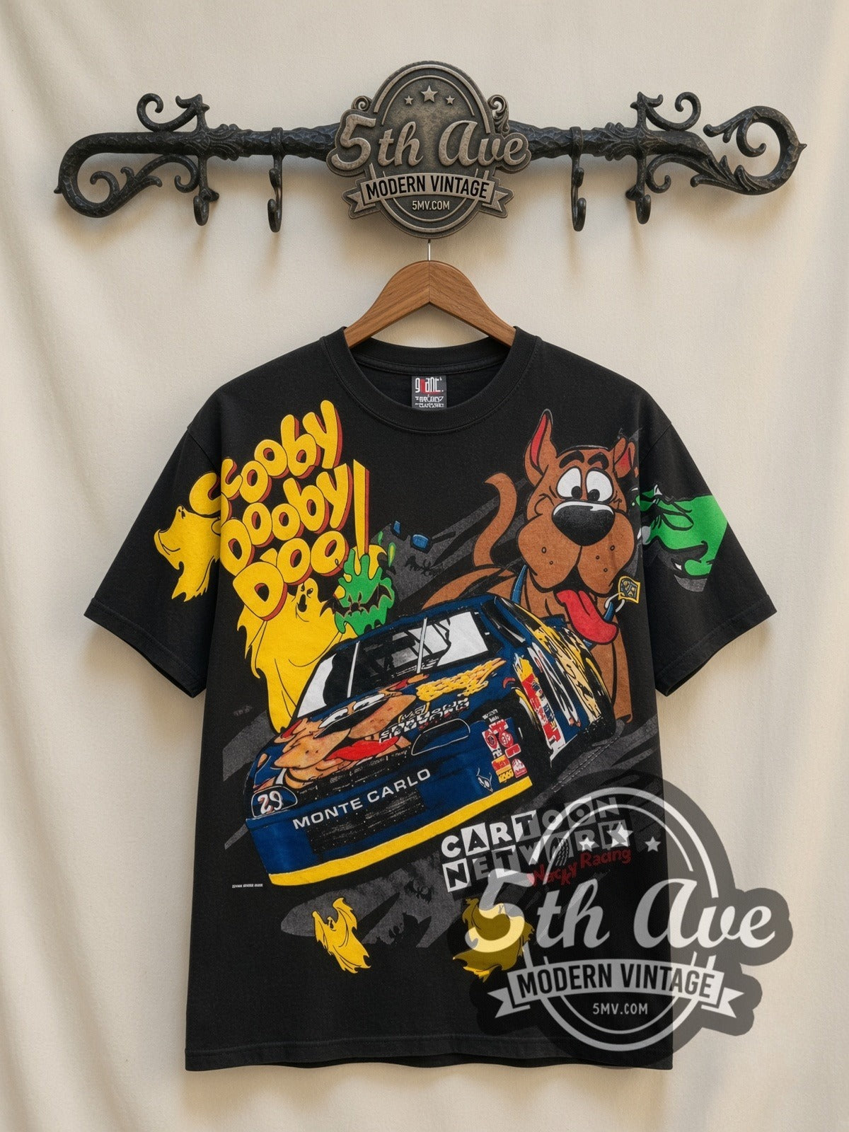 NASCAR Scooby-Doo Cartoon Network Racing all-over-print vintage NASCAR t-shirt in black, front view on a display rack