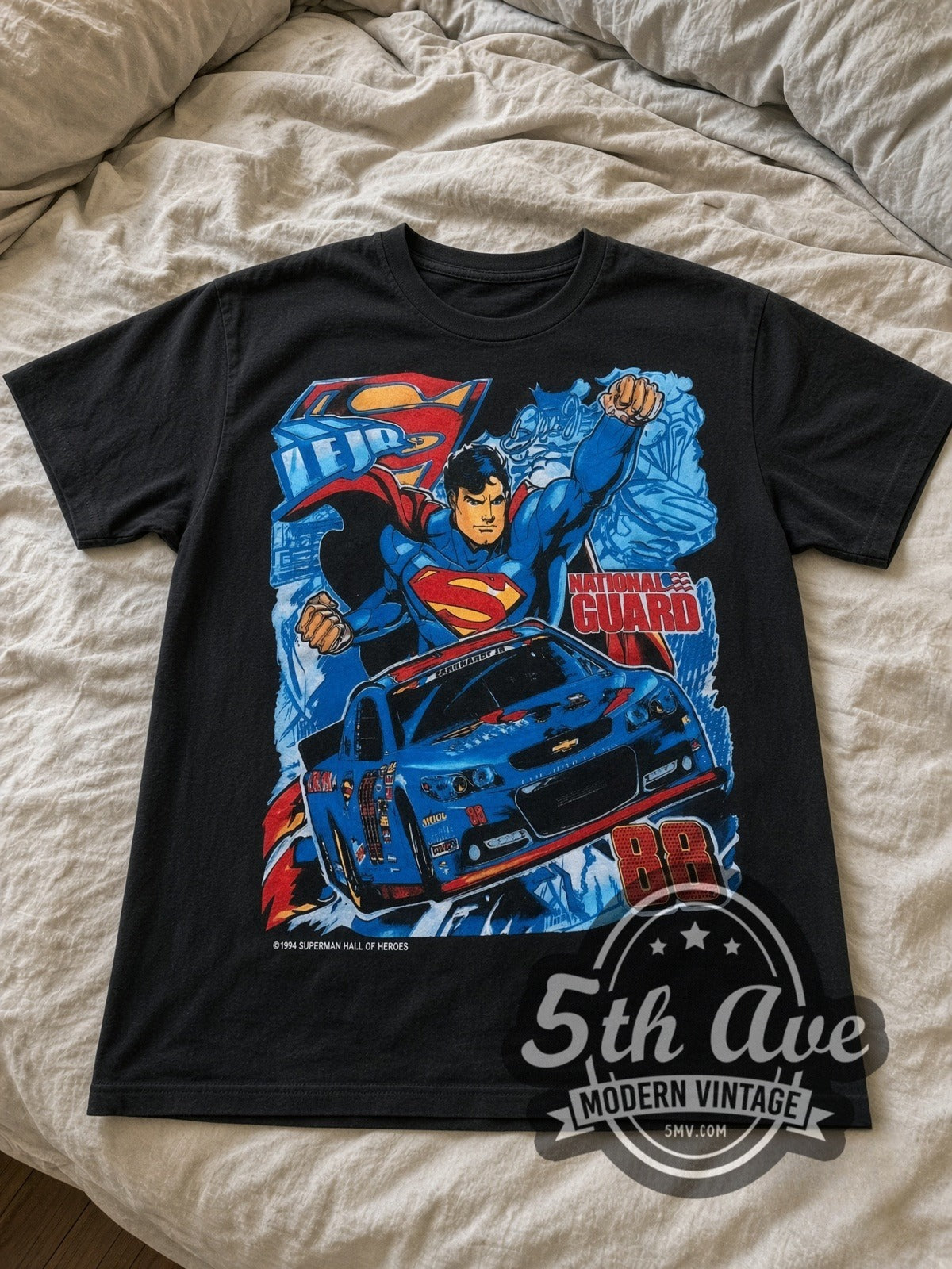 NASCAR Superman & Dale Earnhardt Jr. #88 National Guard all-over-print vintage NASCAR tee in black laid flat