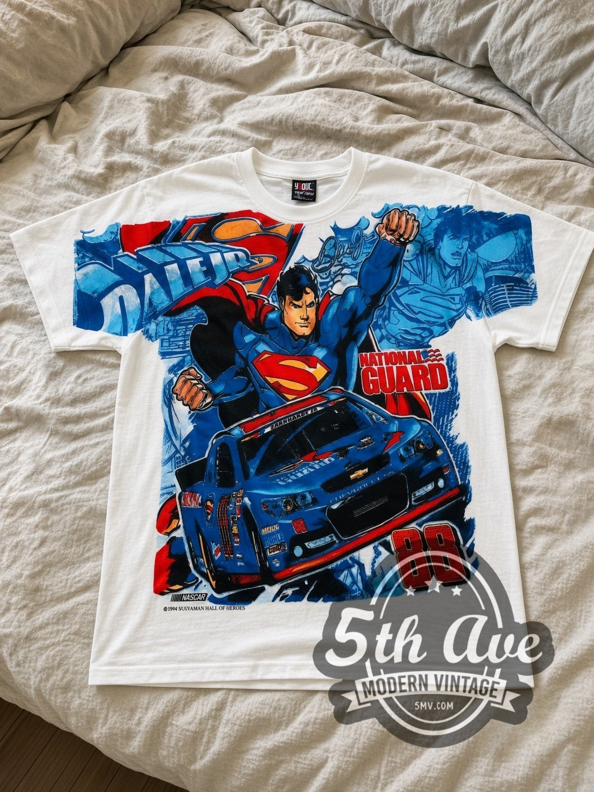 NASCAR Superman & Dale Earnhardt Jr. #88 National Guard all-over-print vintage NASCAR tee in white laid flat
