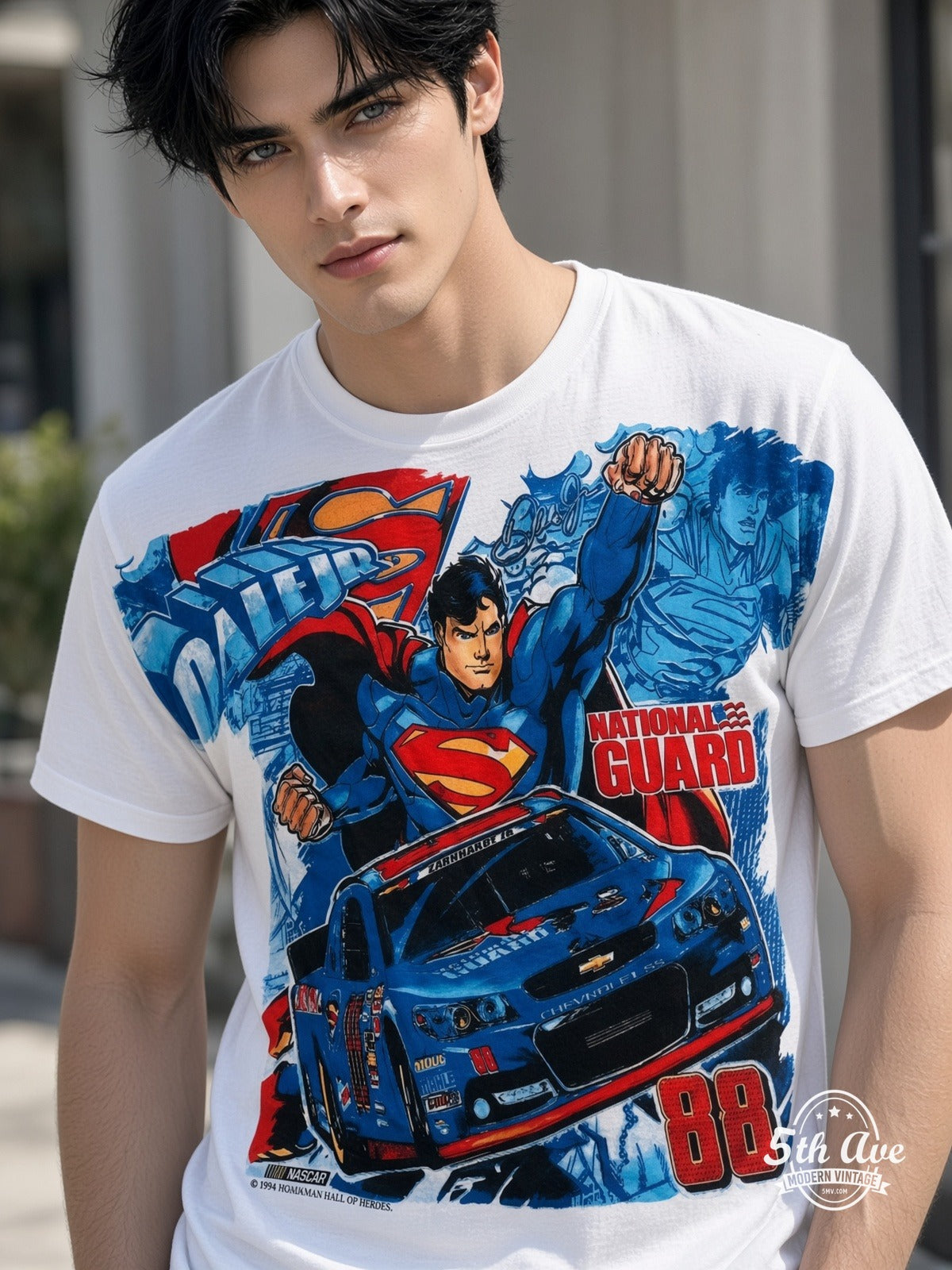 NASCAR Superman Dale Jr 88 National Guard vintage tee model wearing