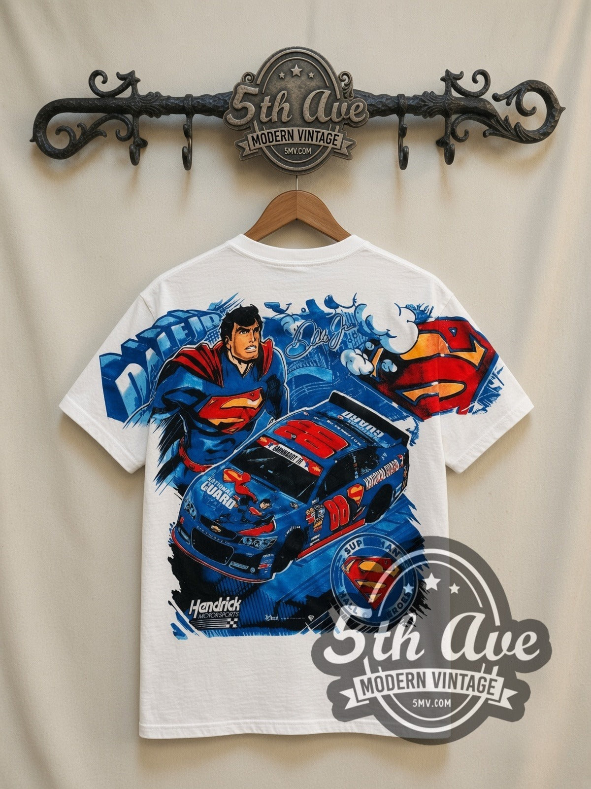 NASCAR Superman & Dale Earnhardt Jr. #88 National Guard all-over-print vintage NASCAR t-shirt, back view on a display rack