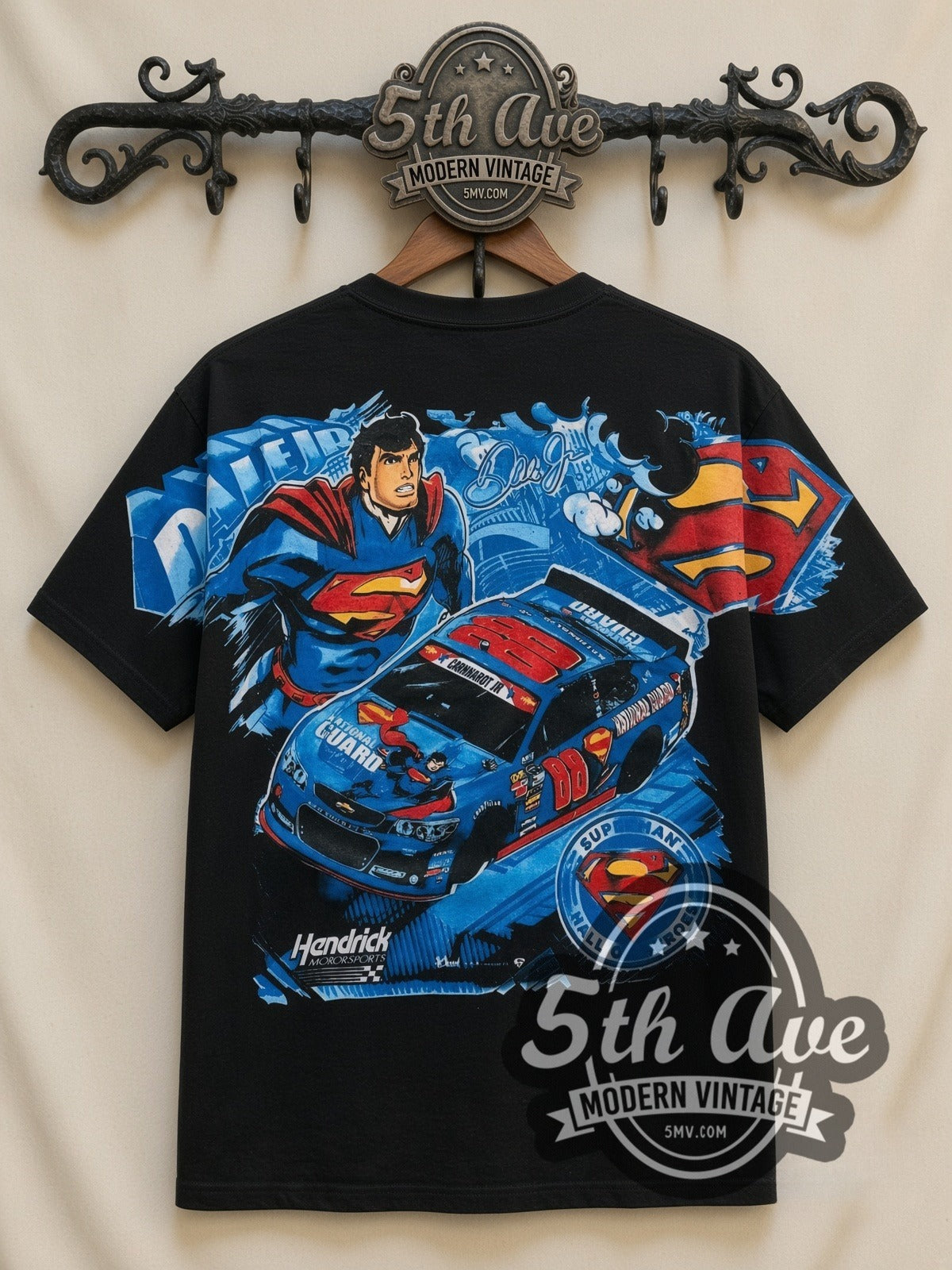 NASCAR Superman & Dale Earnhardt Jr. #88 National Guard all-over-print vintage NASCAR t-shirt, back view on a display rack