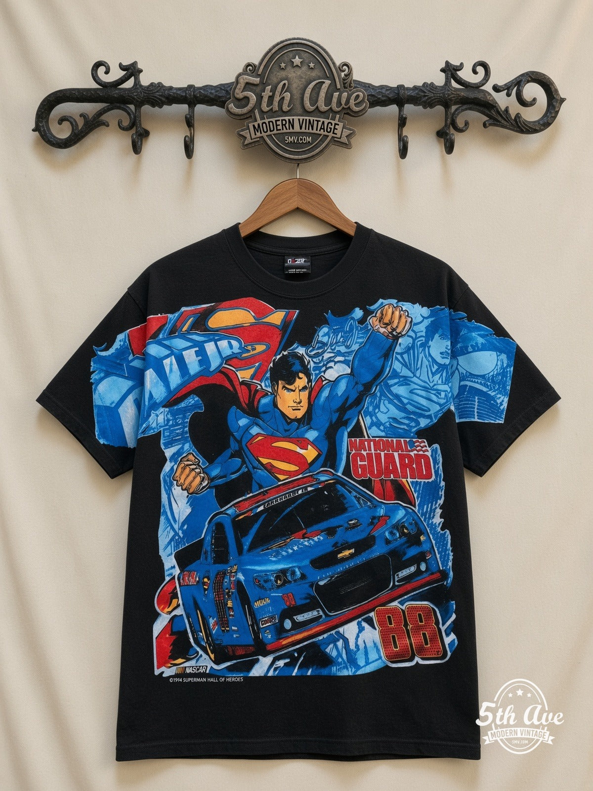 NASCAR Superman Dale Jr 88 National Guard all over print vintage nascar t-shirt front on cream 5th Ave rack